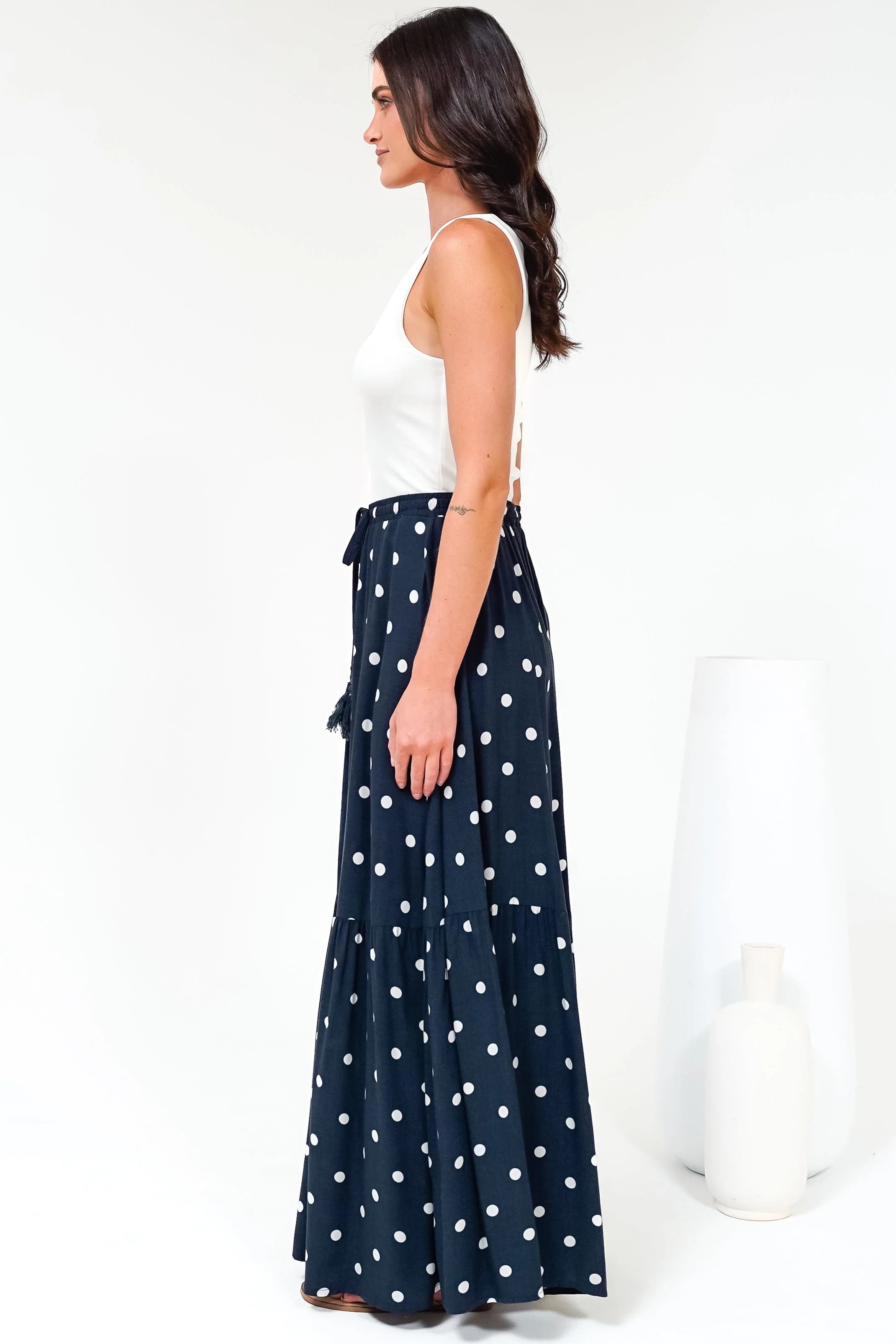 Hellen Maxi Skirt - High Waisted Skirt with Front Splits in Parisian Polka Print Navy - Image 8