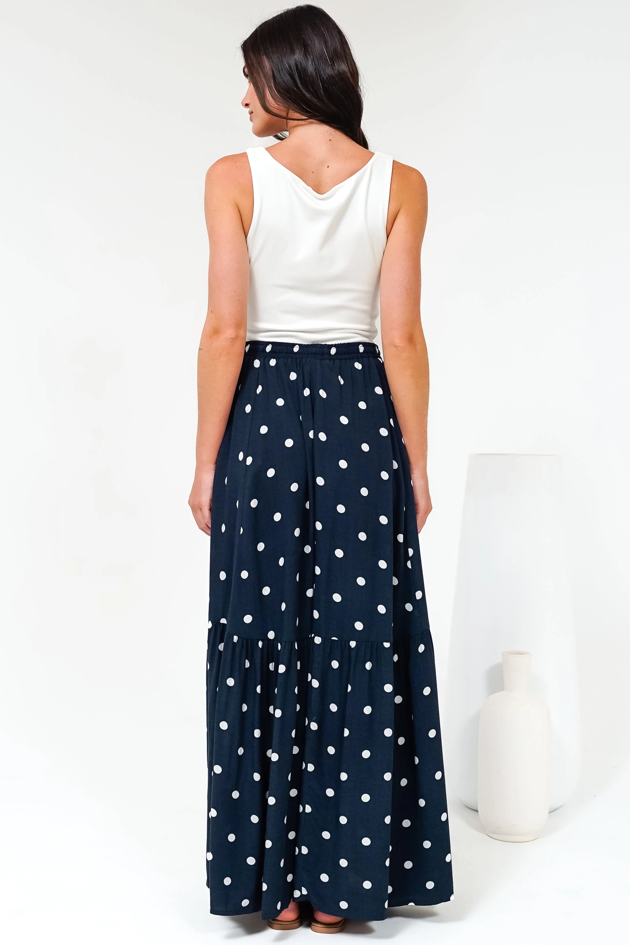 Hellen Maxi Skirt - High Waisted Skirt with Front Splits in Parisian Polka Print Navy - Image 9