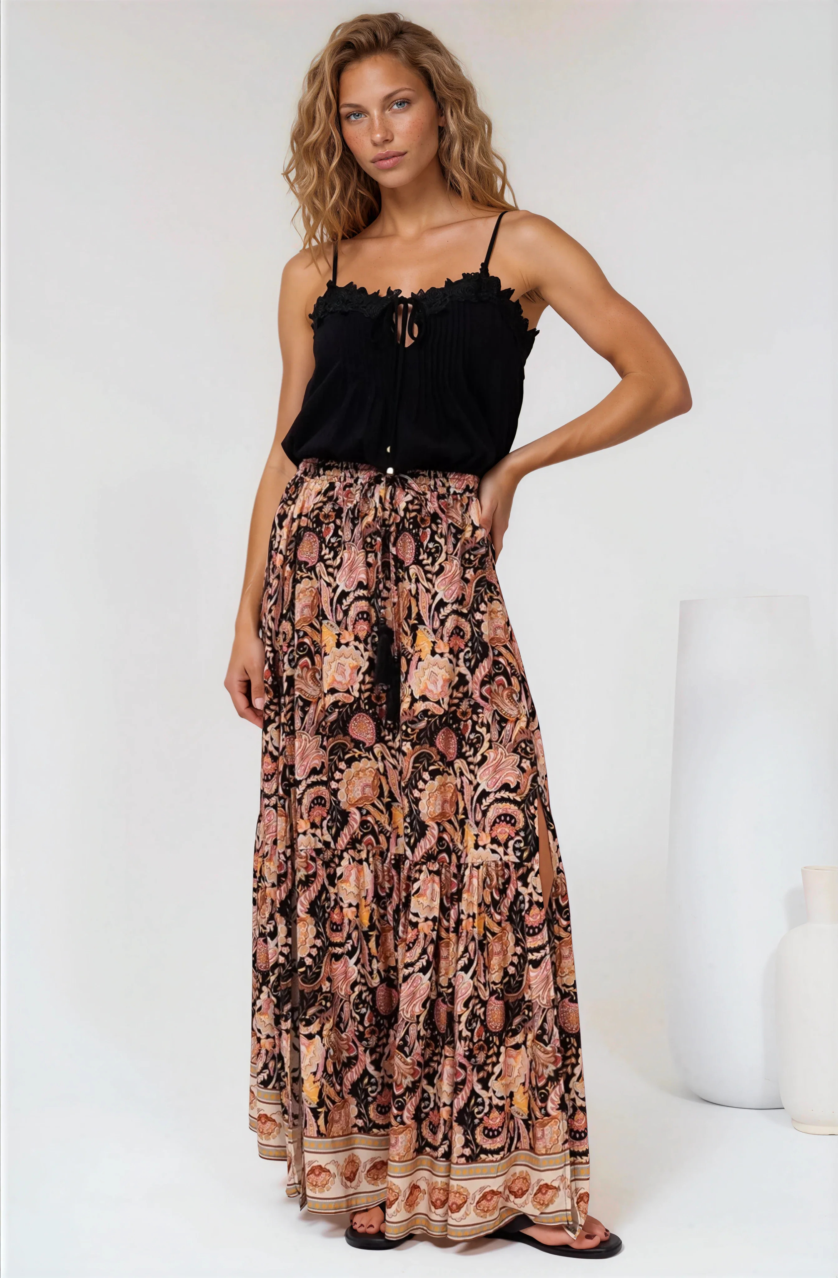 Hellen Maxi Skirt - High Waisted Skirt with Front Splits in Pree Print Black - Image 2
