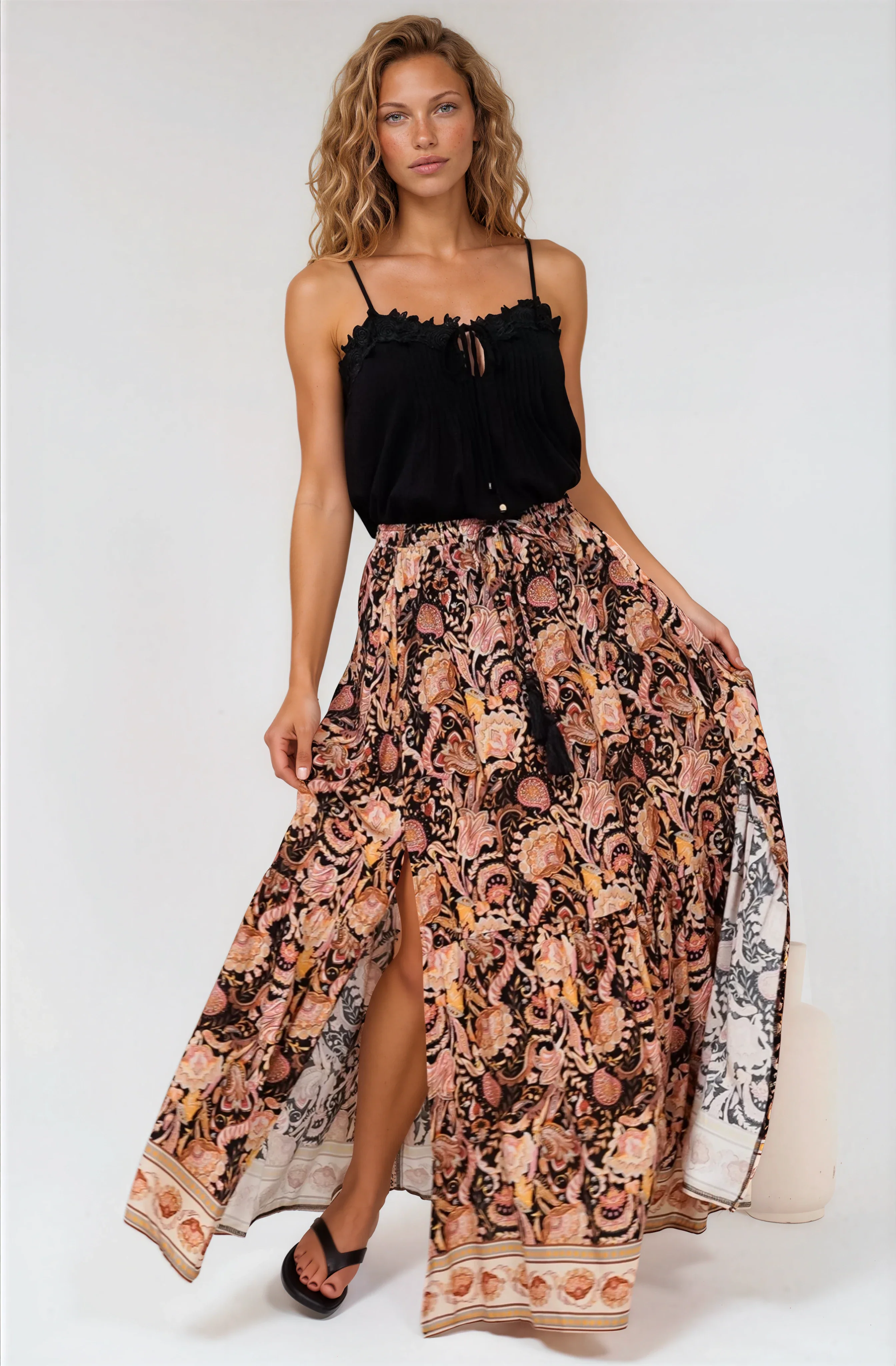 Hellen Maxi Skirt - High Waisted Skirt with Front Splits in Pree Print Black - Image 3
