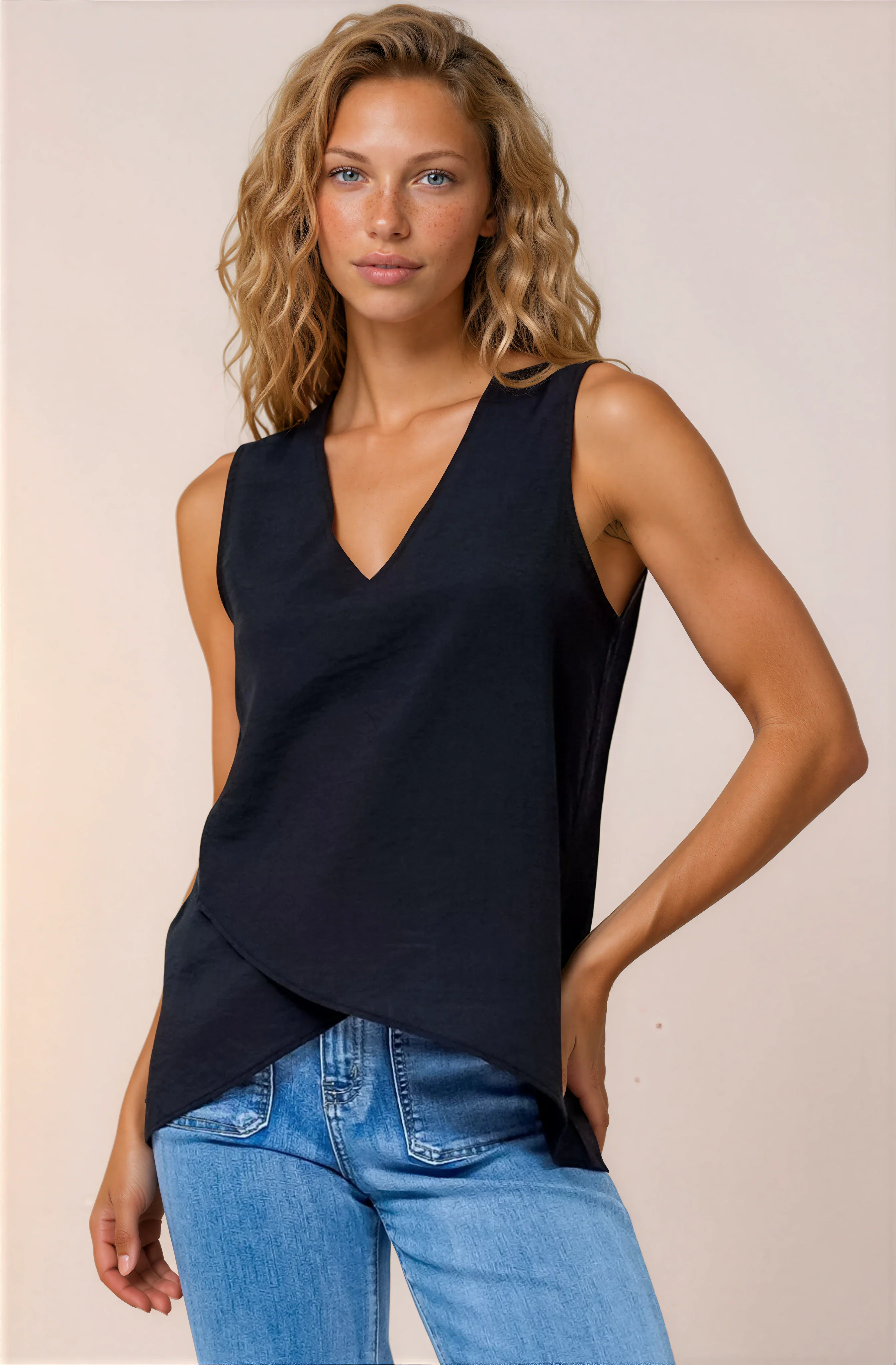 Hemingway Top - Asymmetrical Front High-Low V-Neck Sleeveless Top in Black - Image 2