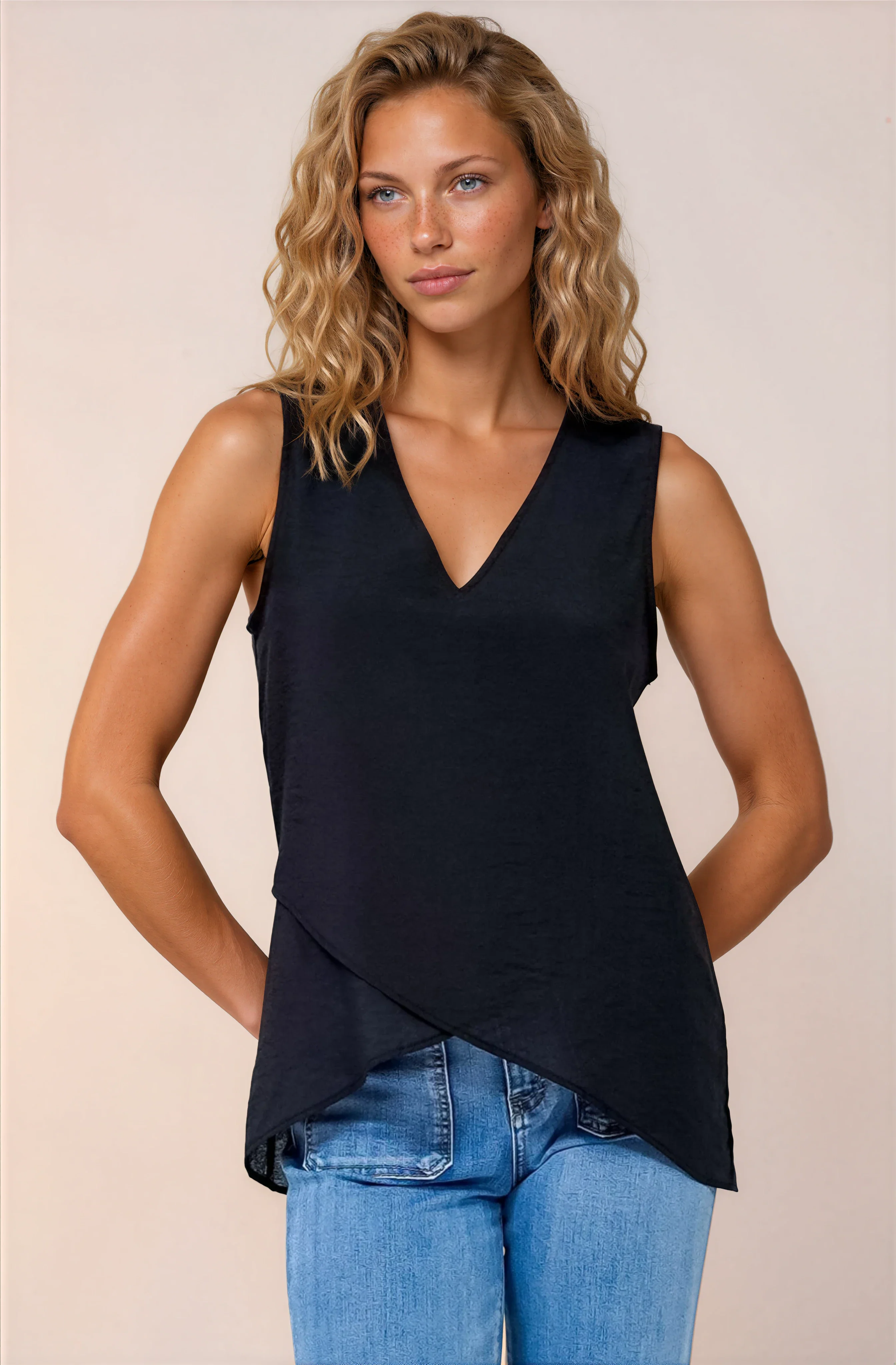 Hemingway Top - Asymmetrical Front High-Low V-Neck Sleeveless Top in Black - Image 3