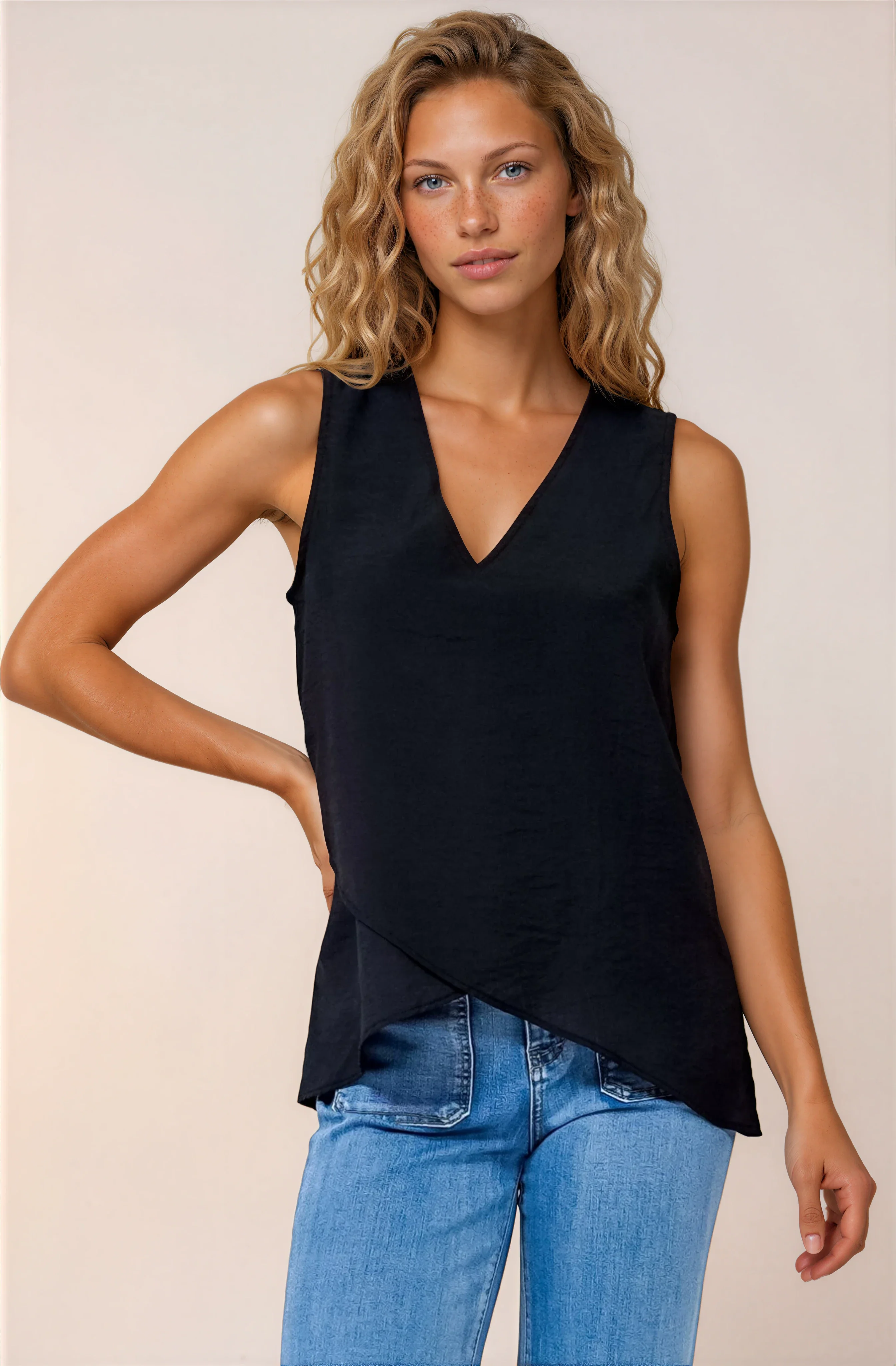 Hemingway Top - Asymmetrical Front High-Low V-Neck Sleeveless Top in Black - Image 5