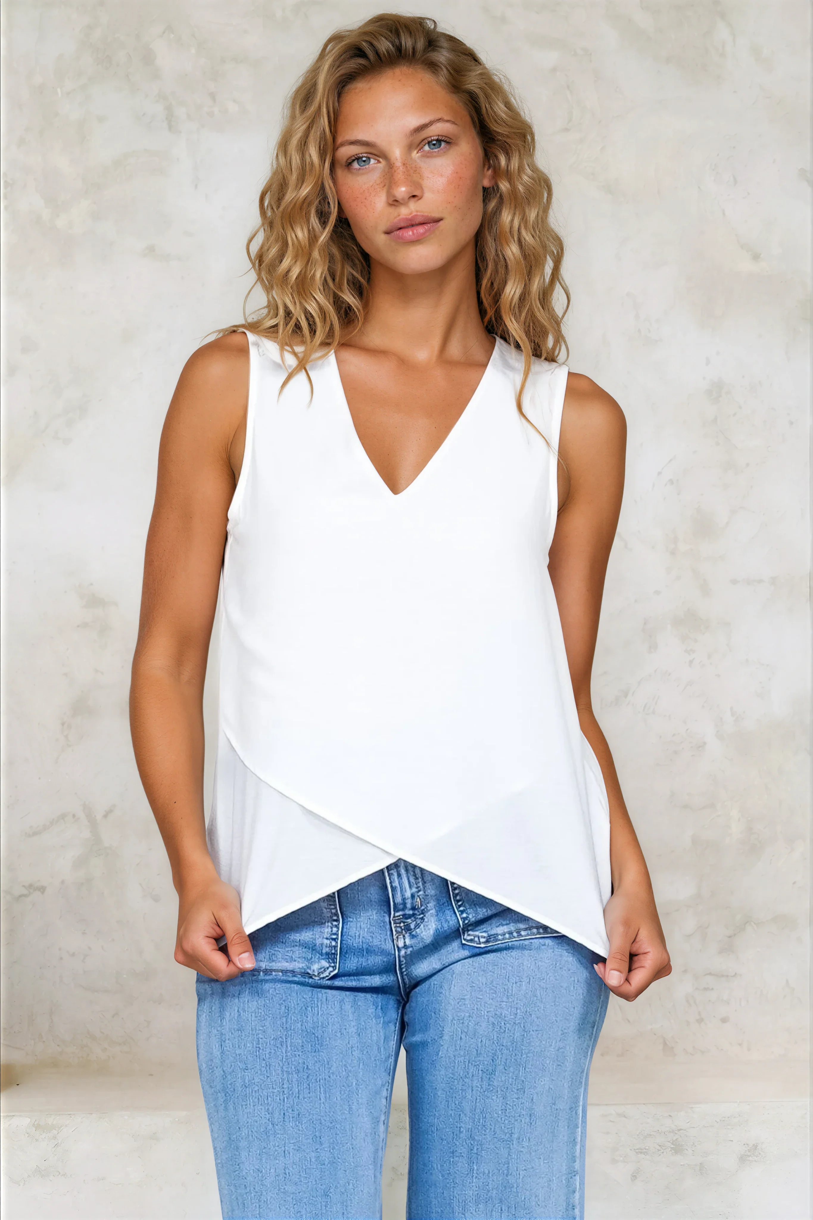 Hemingway Top - Asymmetrical Front High-Low V-Neck Sleeveless Top in White - Image 2
