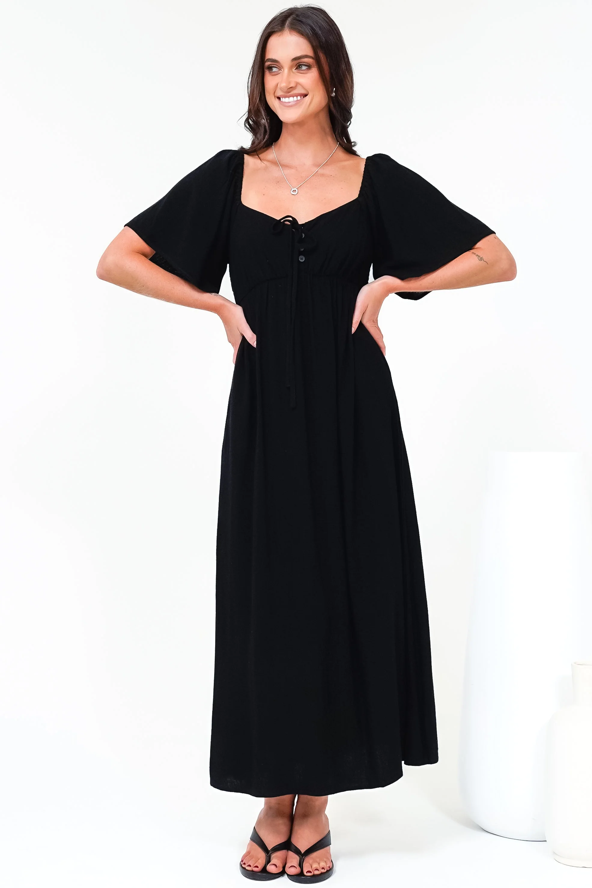 Henrietta Midi Dress - Sweetheart Neckline Short Sleeve Dress in Black - Image 2