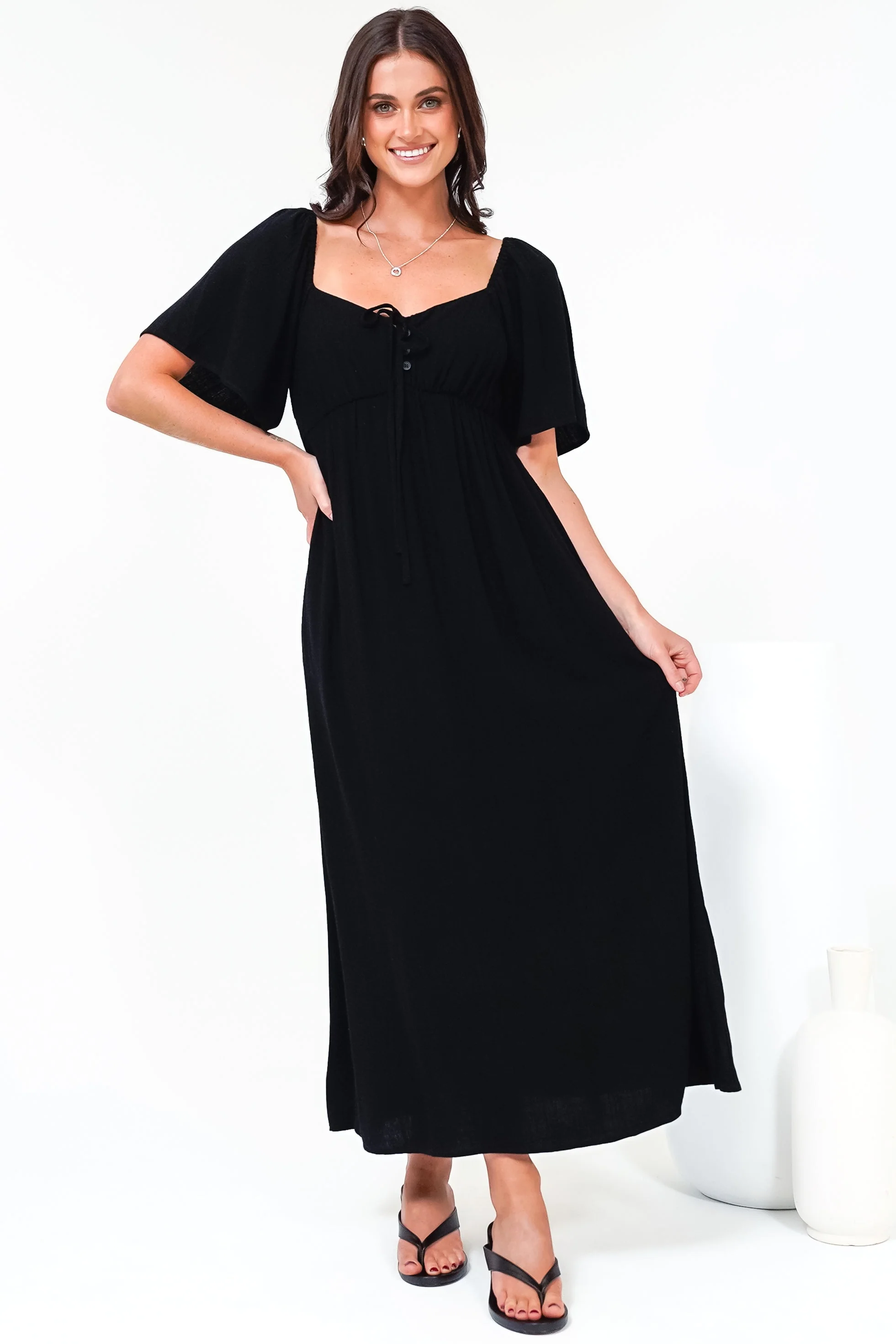 Henrietta Midi Dress - Sweetheart Neckline Short Sleeve Dress in Black - Image 3