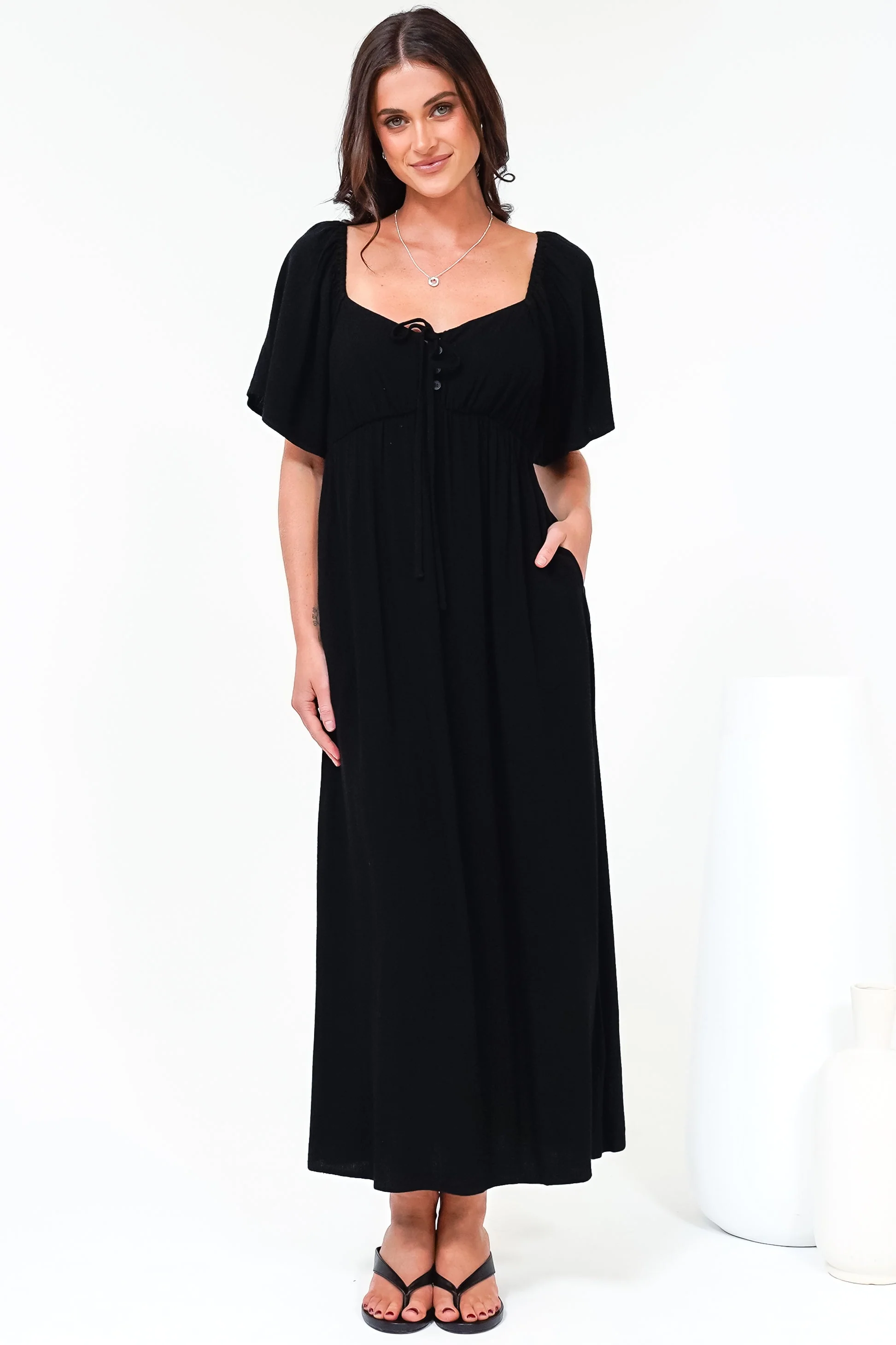 Henrietta Midi Dress - Sweetheart Neckline Short Sleeve Dress in Black - Image 4