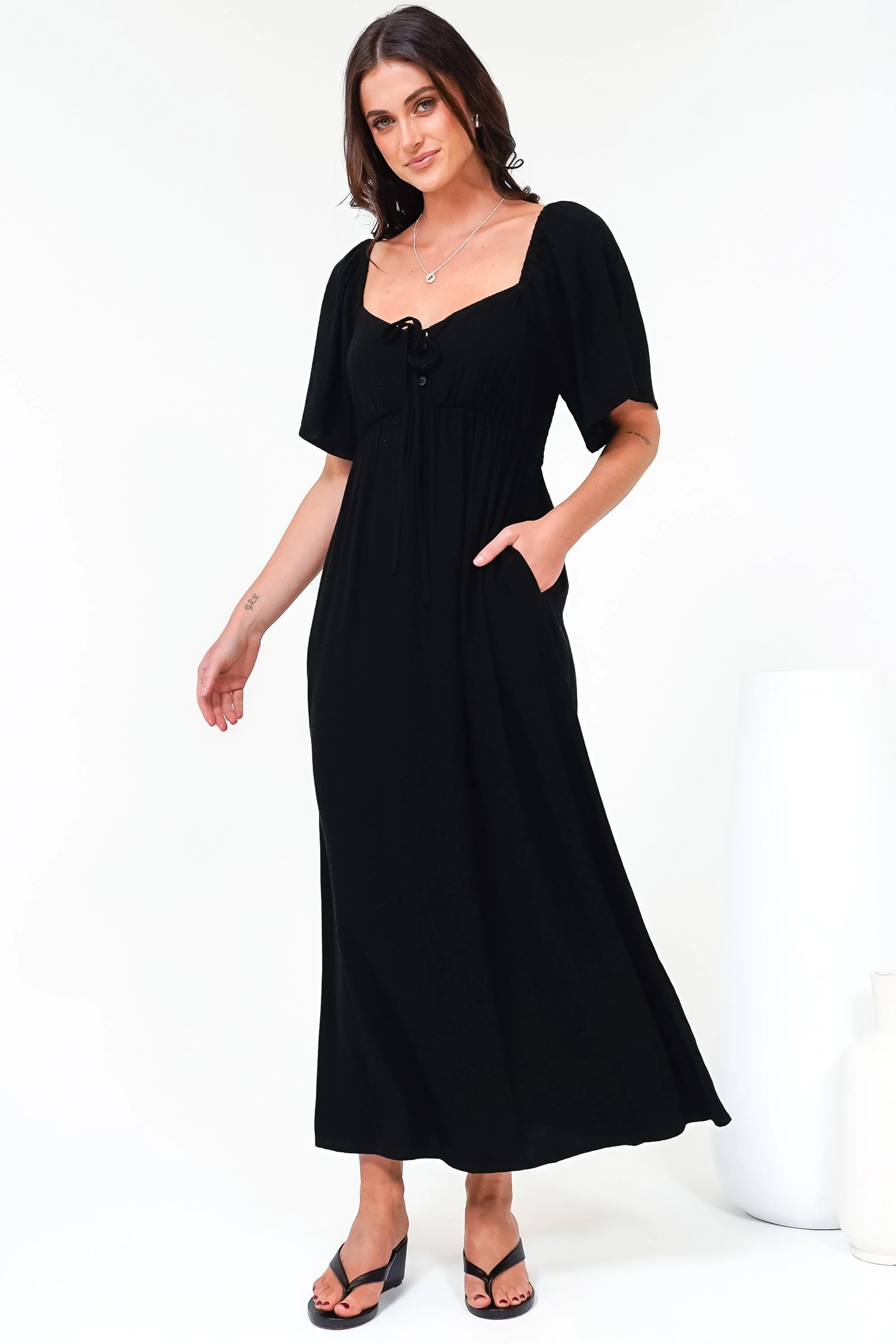 Henrietta Midi Dress - Sweetheart Neckline Short Sleeve Dress in Black - Image 5
