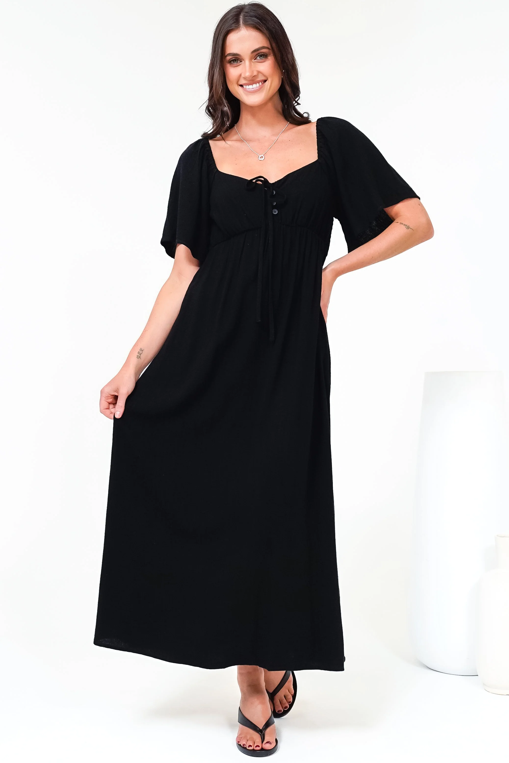 Henrietta Midi Dress - Sweetheart Neckline Short Sleeve Dress in Black - Image 6