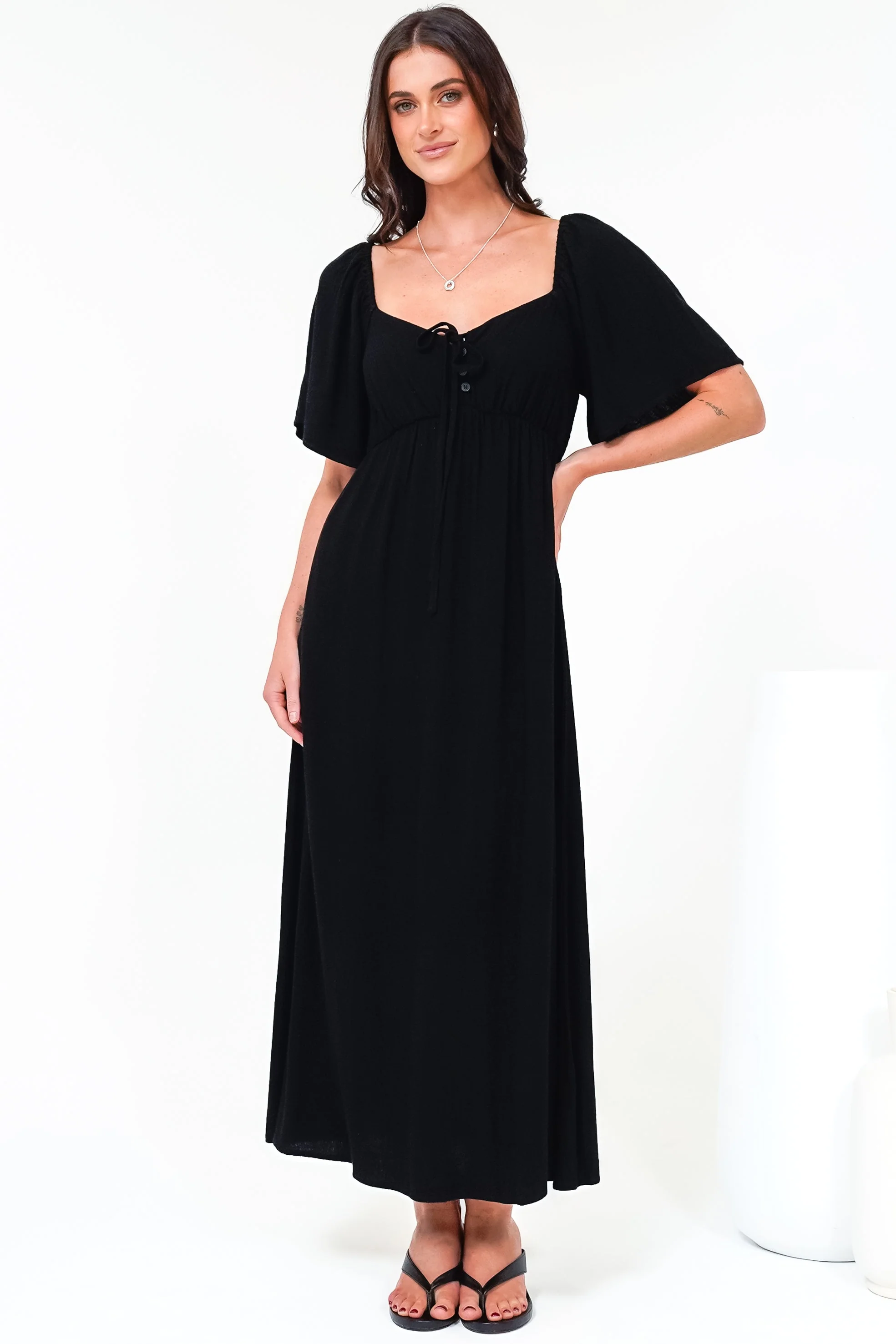Henrietta Midi Dress - Sweetheart Neckline Short Sleeve Dress in Black - Image 7