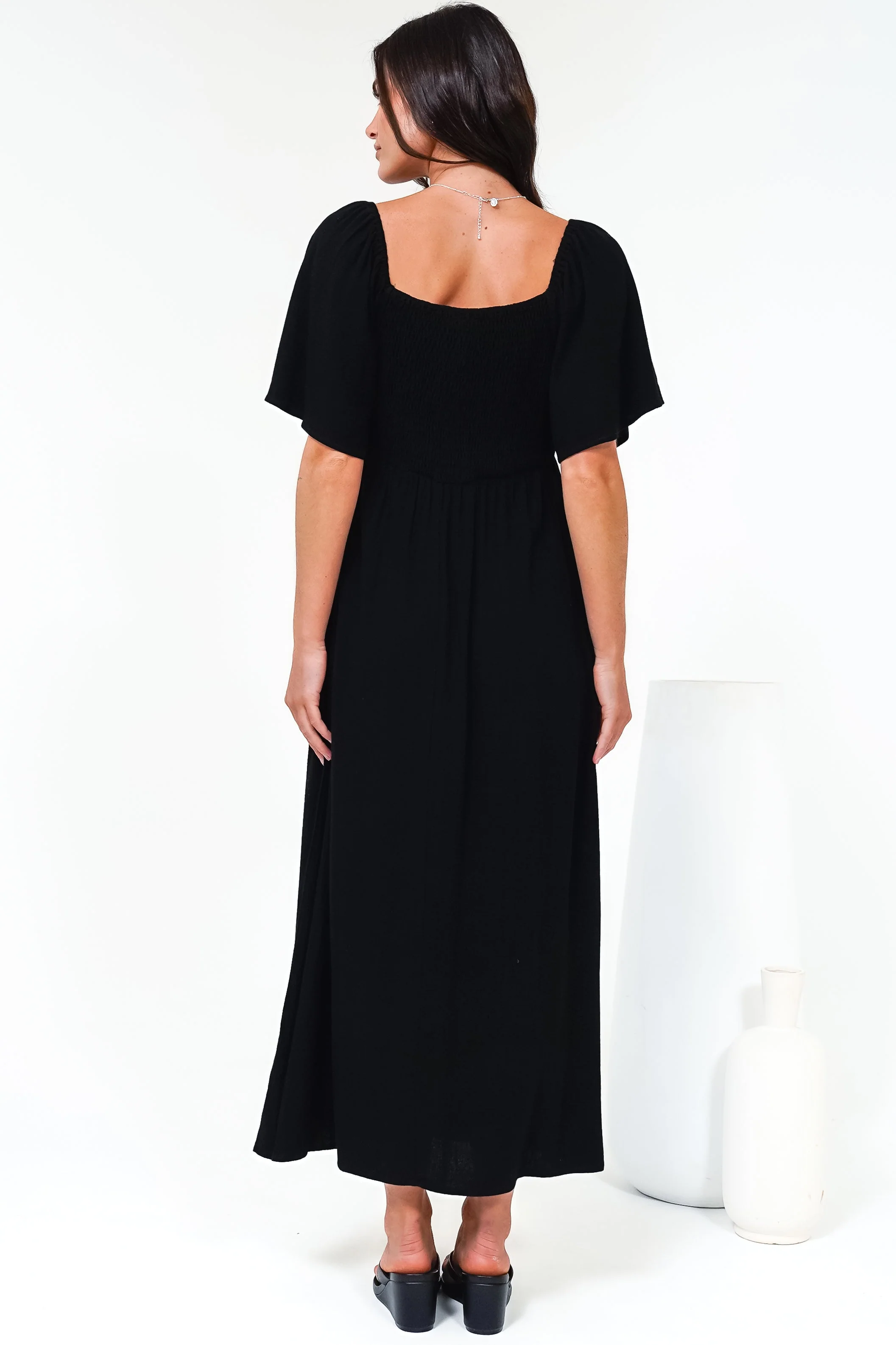 Henrietta Midi Dress - Sweetheart Neckline Short Sleeve Dress in Black - Image 9