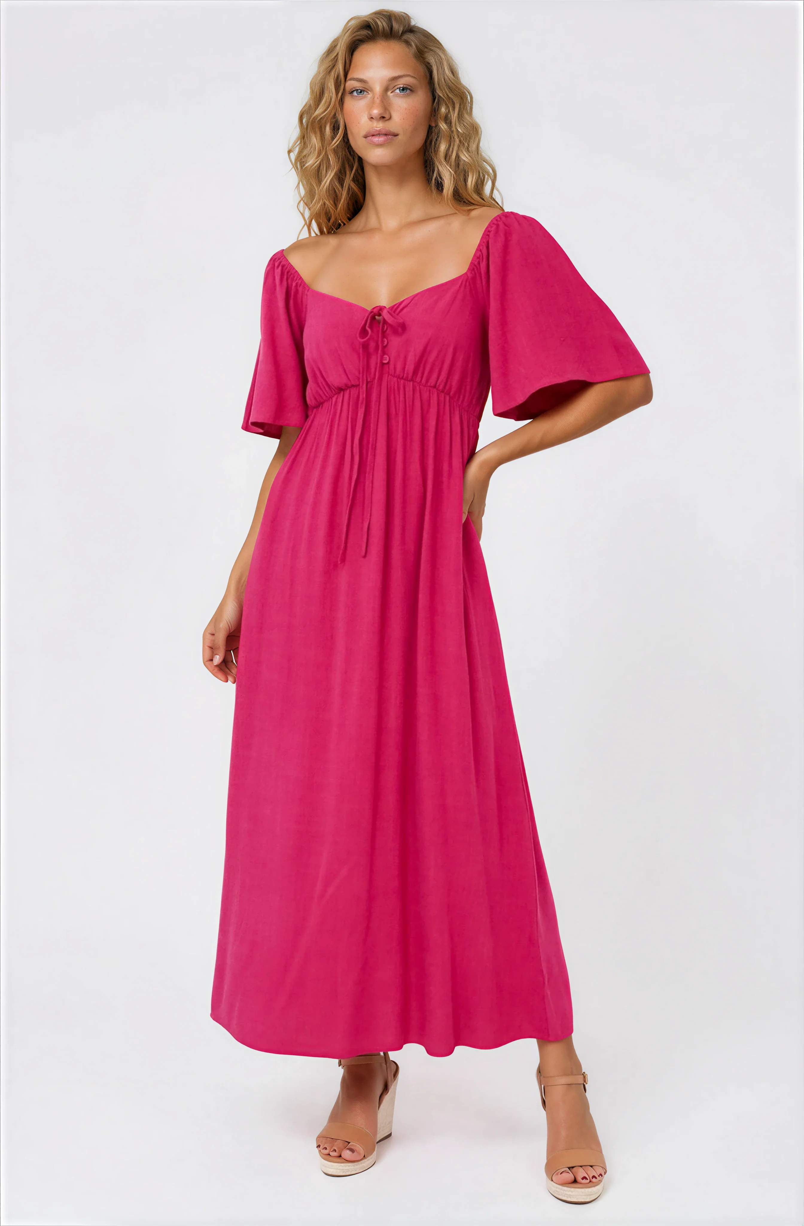 Henrietta Midi Dress - Sweetheart Neckline Short Sleeve Dress in Hot Pink