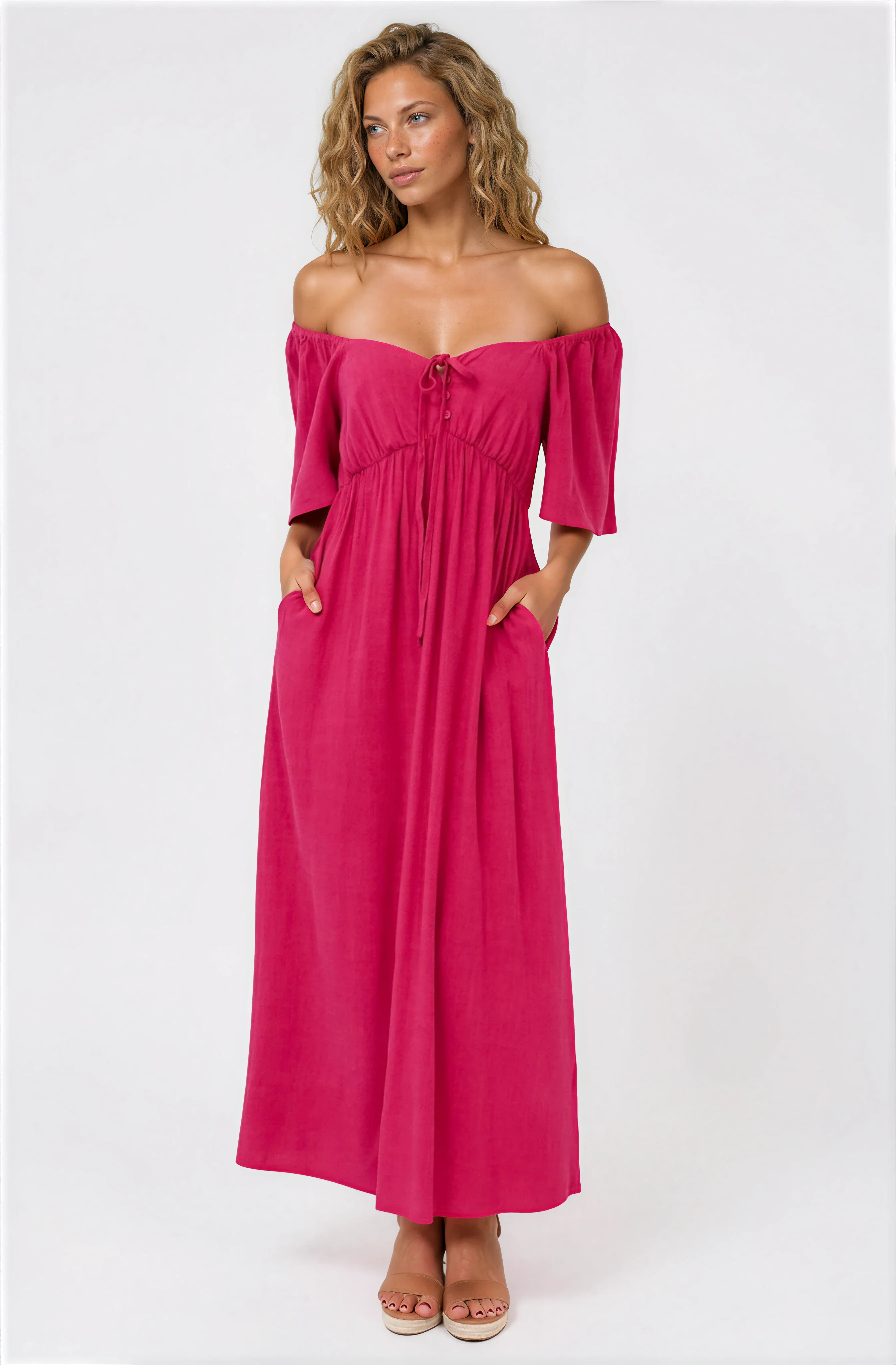 Henrietta Midi Dress - Sweetheart Neckline Short Sleeve Dress in Hot Pink - Image 2