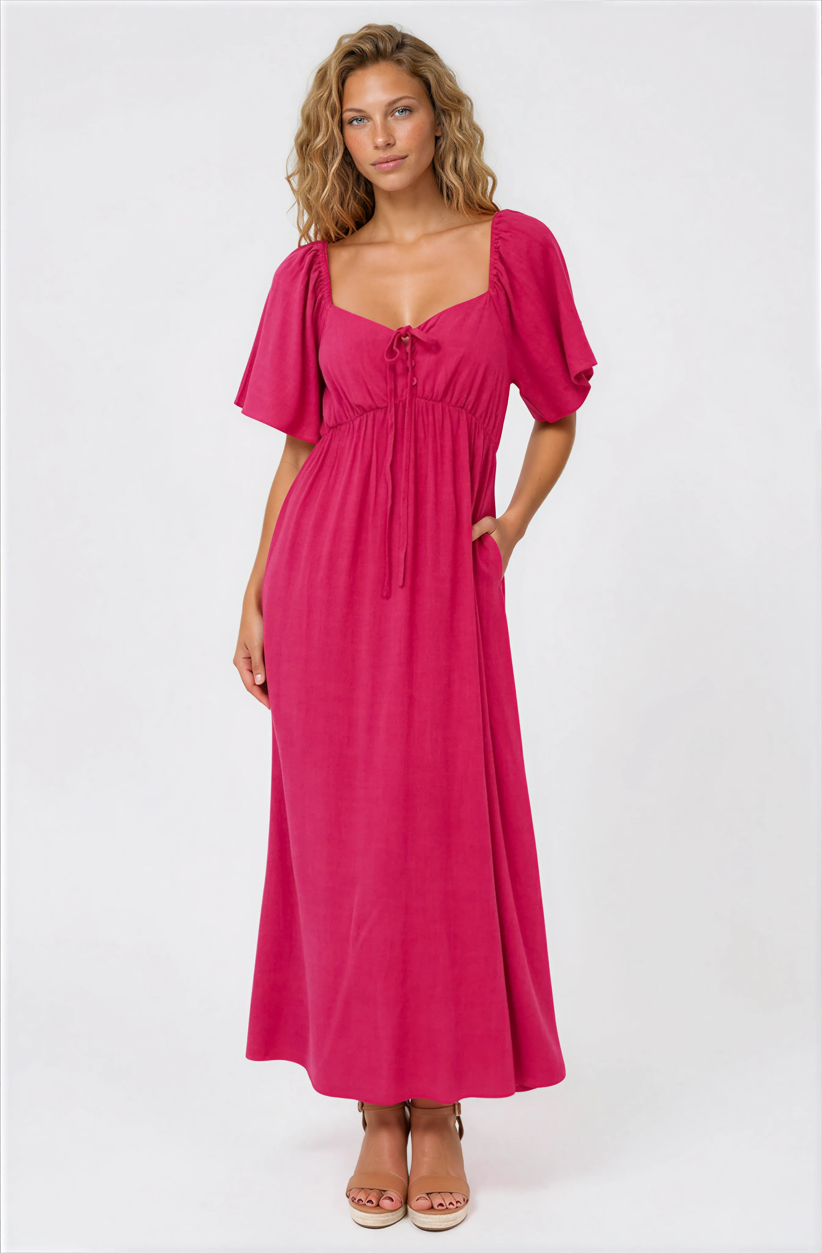 Henrietta Midi Dress - Sweetheart Neckline Short Sleeve Dress in Hot Pink - Image 3