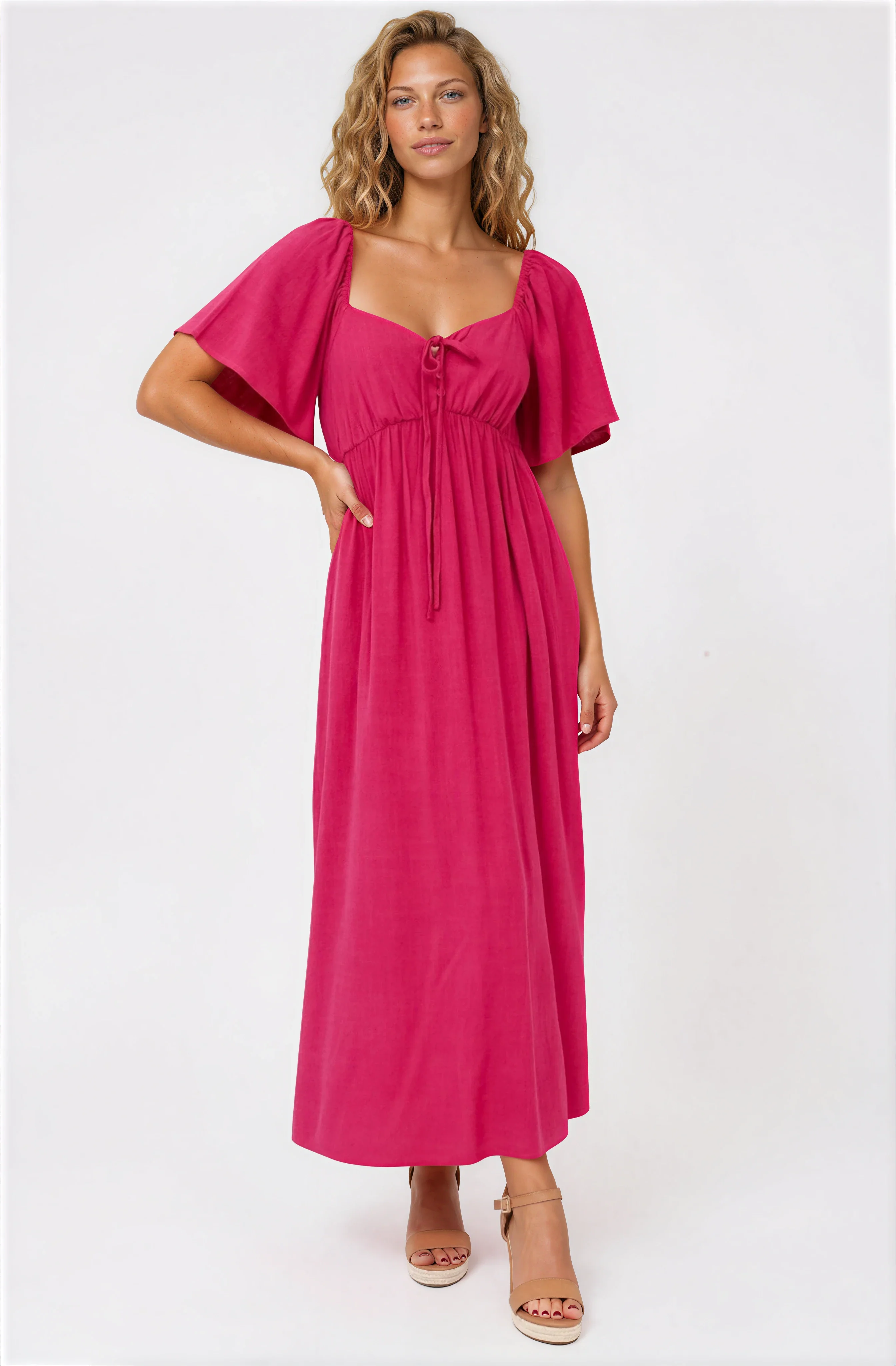 Henrietta Midi Dress - Sweetheart Neckline Short Sleeve Dress in Hot Pink - Image 4
