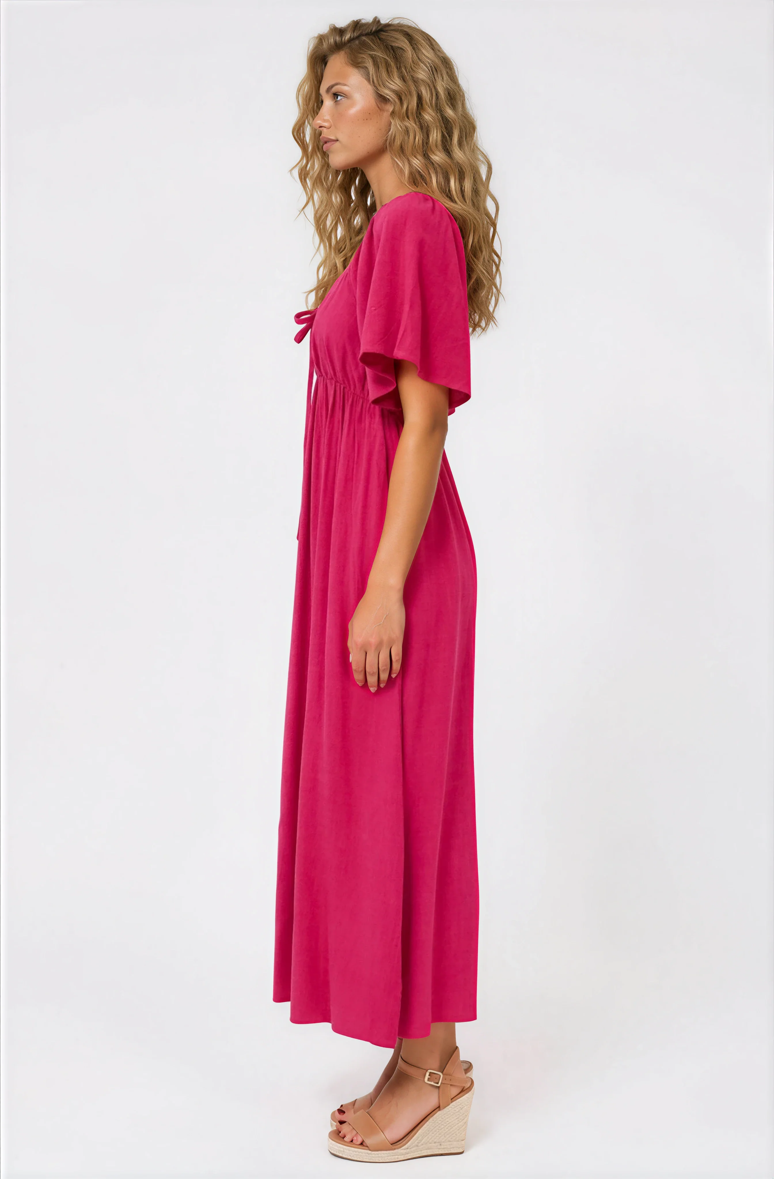 Henrietta Midi Dress - Sweetheart Neckline Short Sleeve Dress in Hot Pink - Image 5