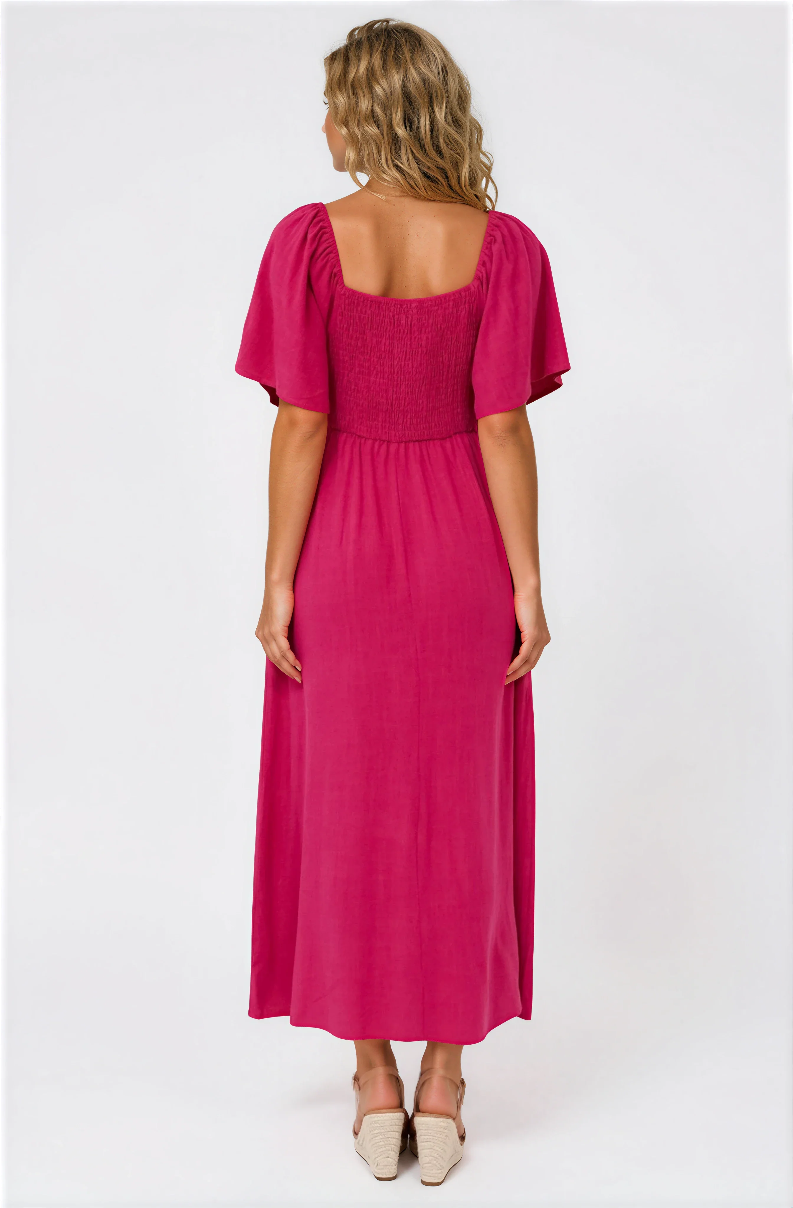 Henrietta Midi Dress - Sweetheart Neckline Short Sleeve Dress in Hot Pink - Image 6