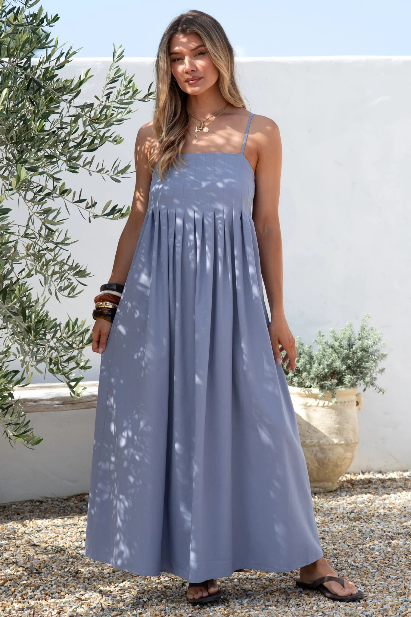 Hepburn Maxi Dress - Adjustable Strap Pleated Bodice Sun Dress in Blue - Image 2