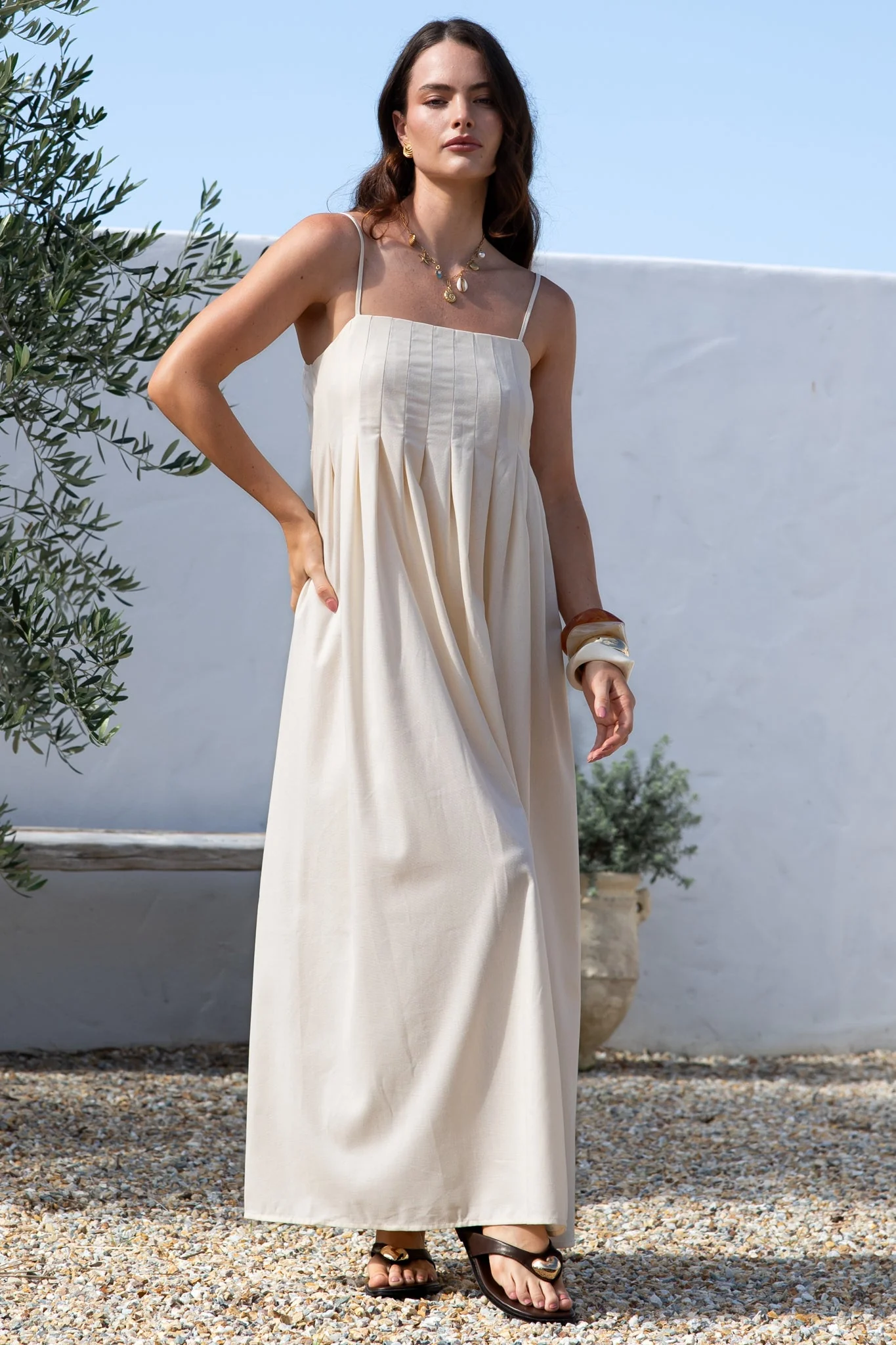 Hepburn Maxi Dress - Adjustable Strap Pleated Bodice Sun Dress in Cream - Image 2
