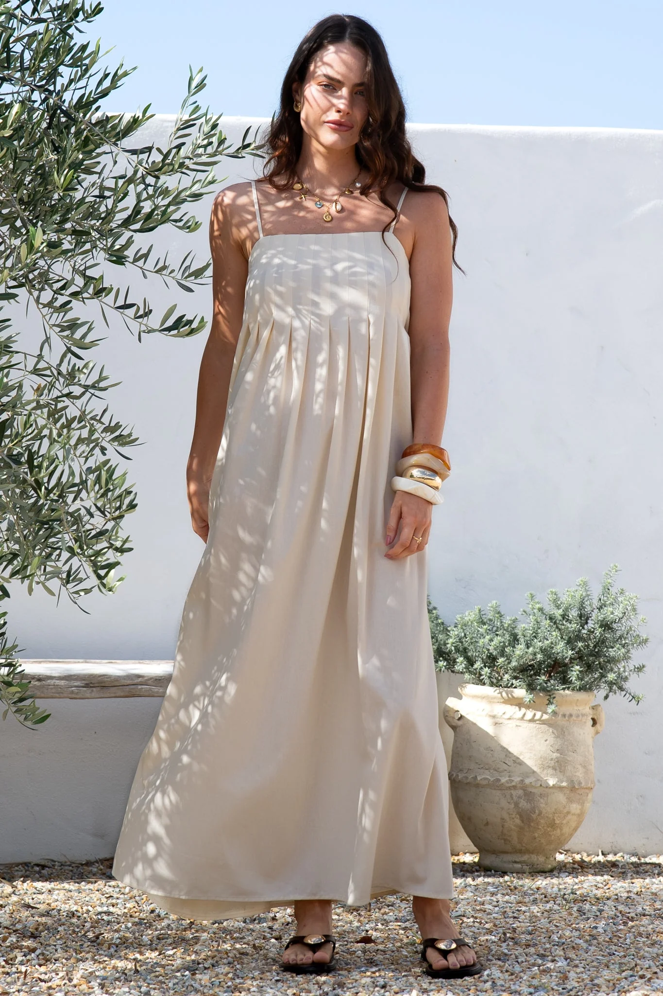 Hepburn Maxi Dress - Adjustable Strap Pleated Bodice Sun Dress in Cream - Image 3