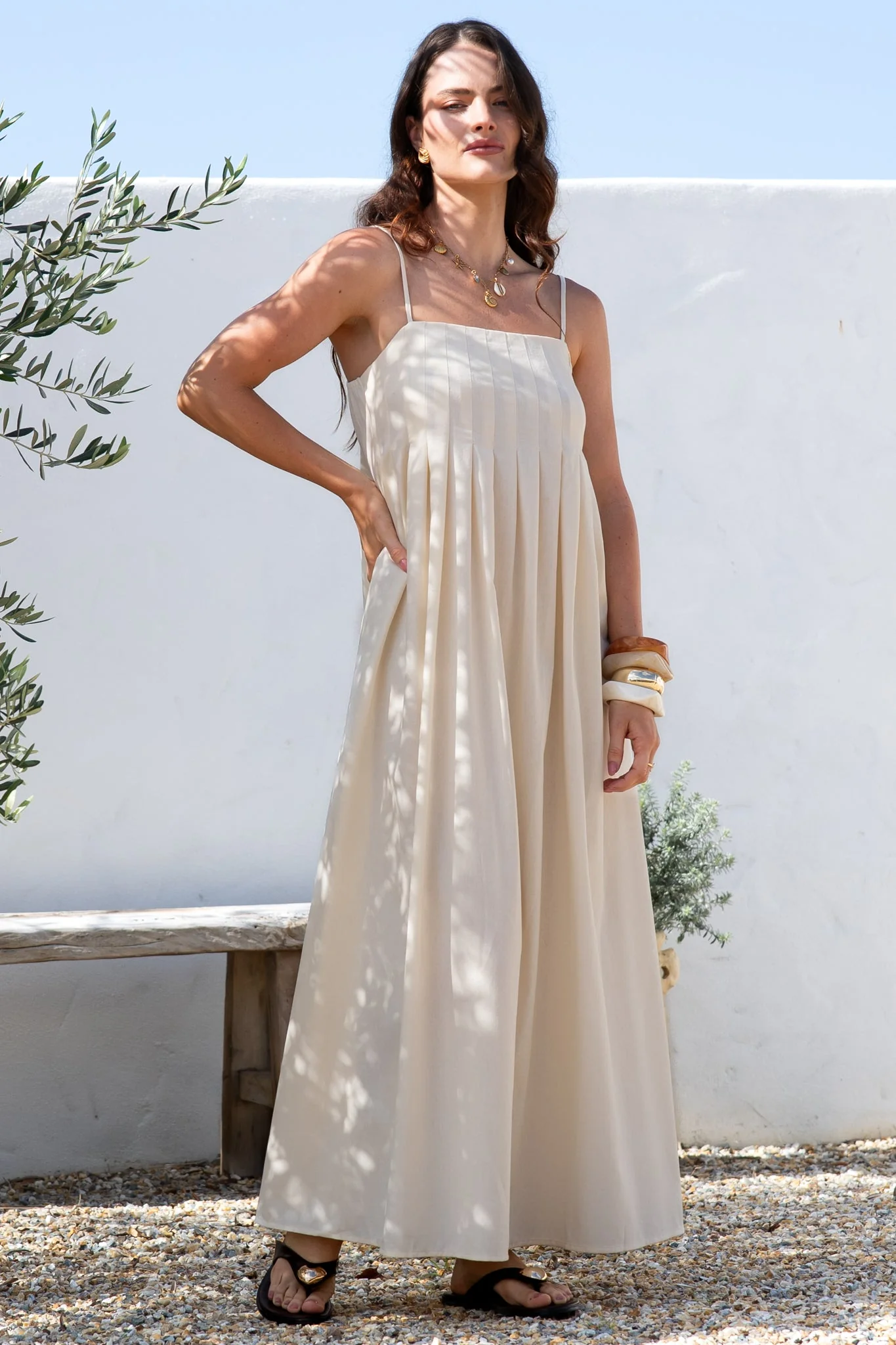Hepburn Maxi Dress - Adjustable Strap Pleated Bodice Sun Dress in Cream - Image 4
