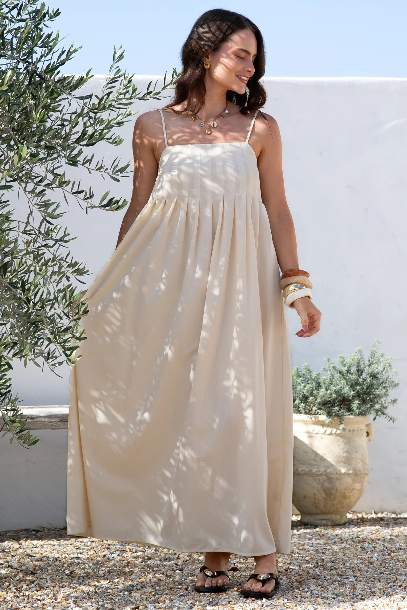 Hepburn Maxi Dress - Adjustable Strap Pleated Bodice Sun Dress in Cream - Image 5
