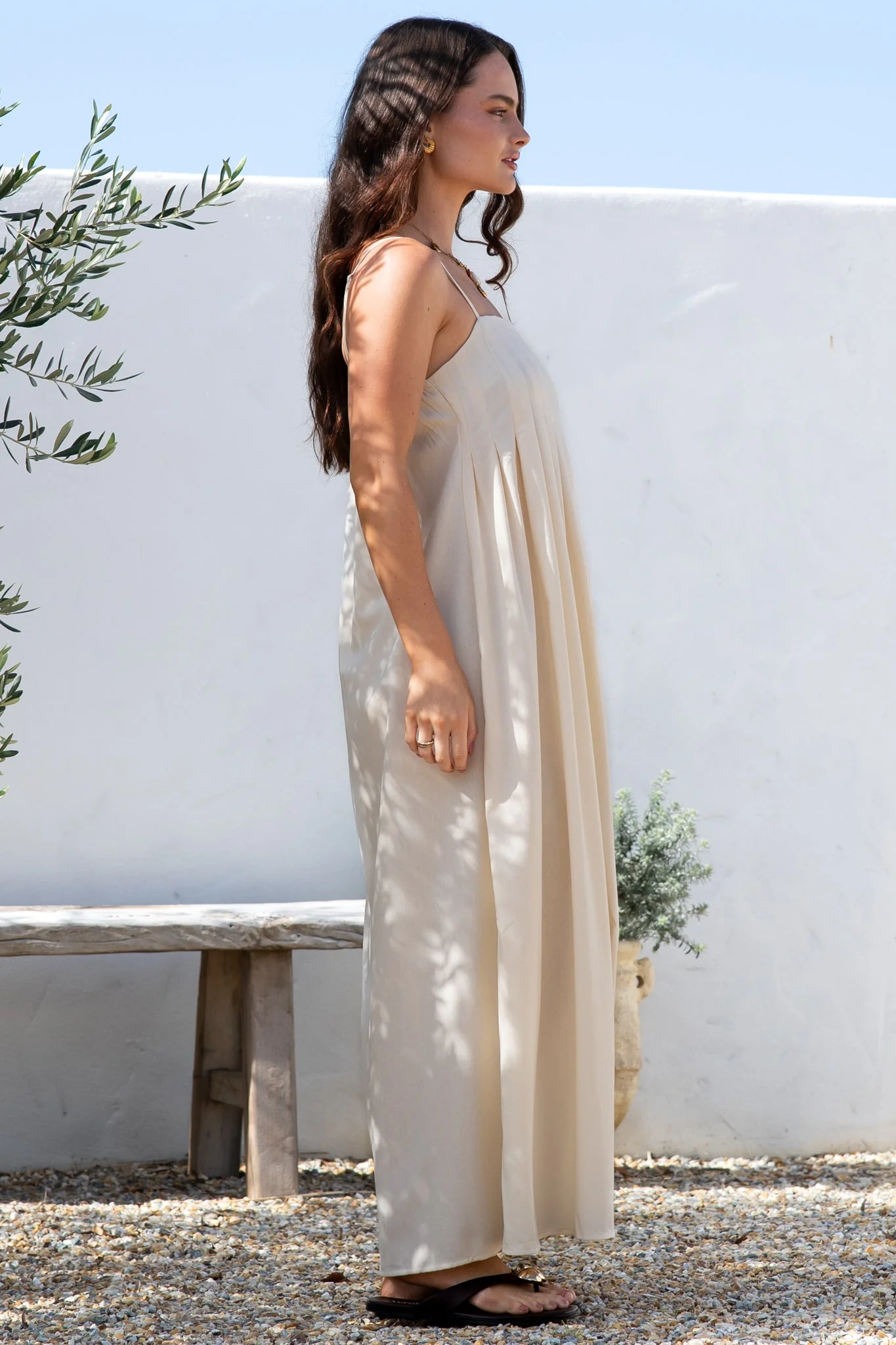 Hepburn Maxi Dress - Adjustable Strap Pleated Bodice Sun Dress in Cream - Image 9