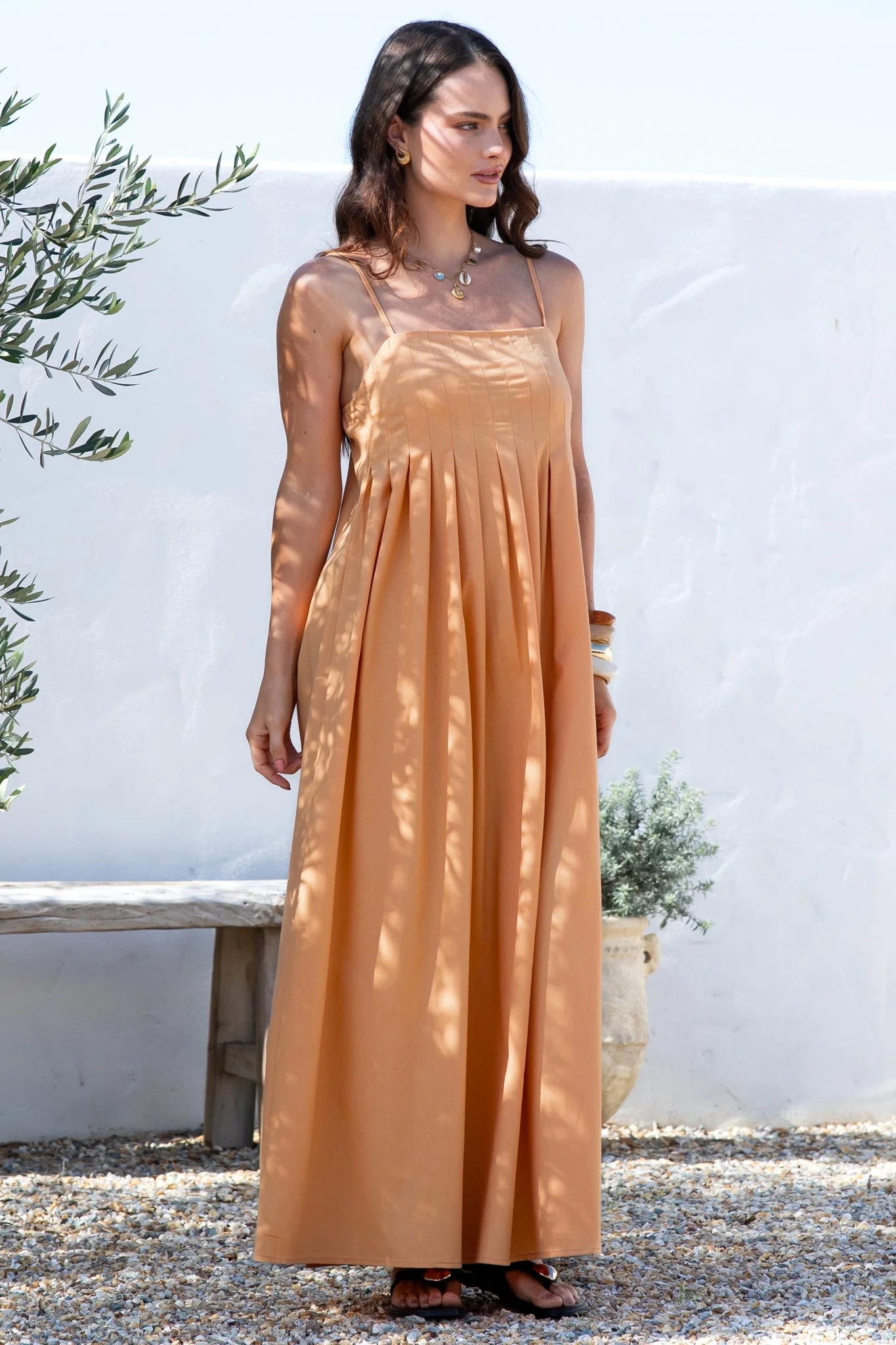Hepburn Maxi Dress - Adjustable Strap Pleated Bodice Sun Dress in Peach - Image 4