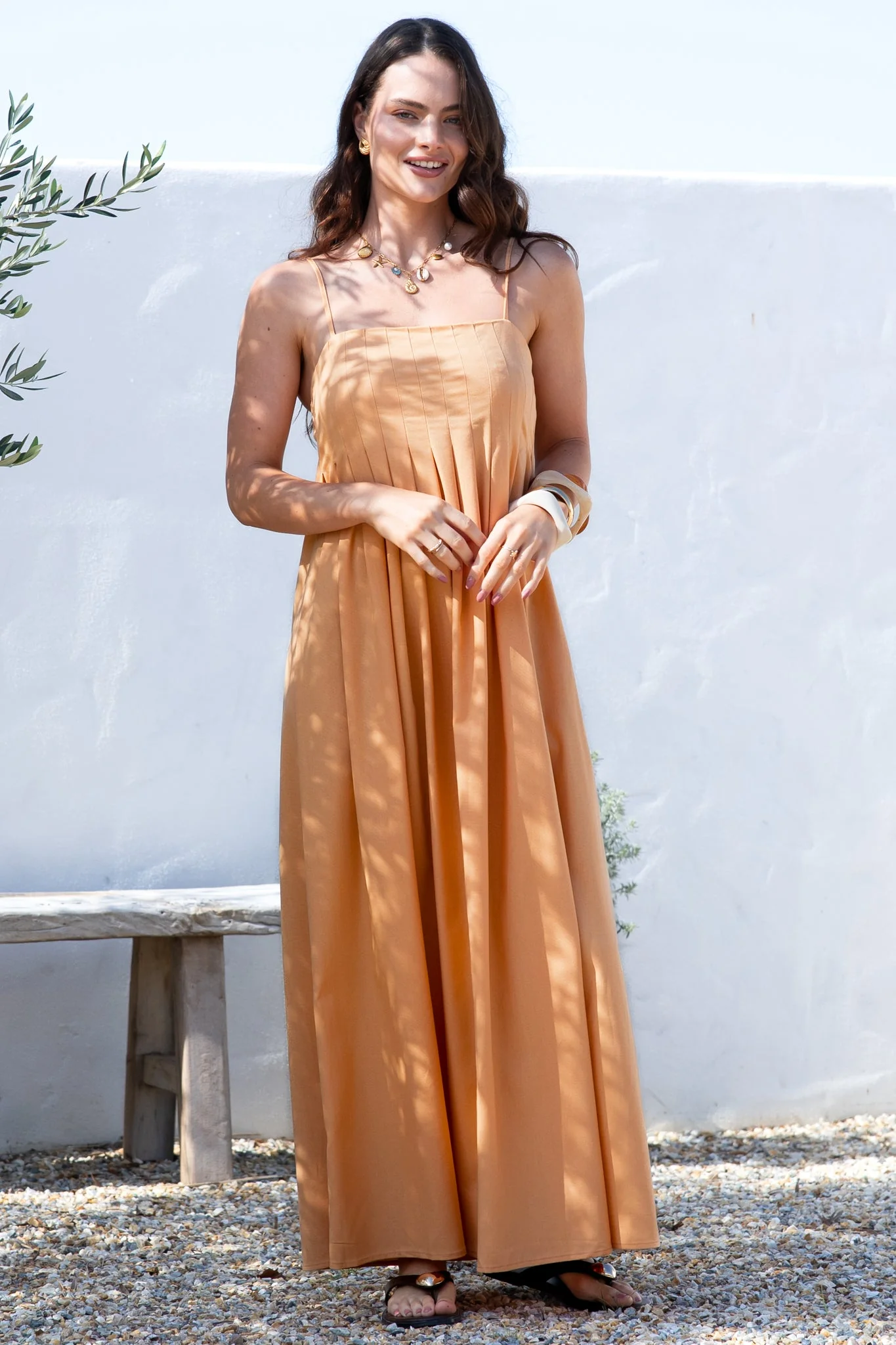 Hepburn Maxi Dress - Adjustable Strap Pleated Bodice Sun Dress in Peach - Image 6