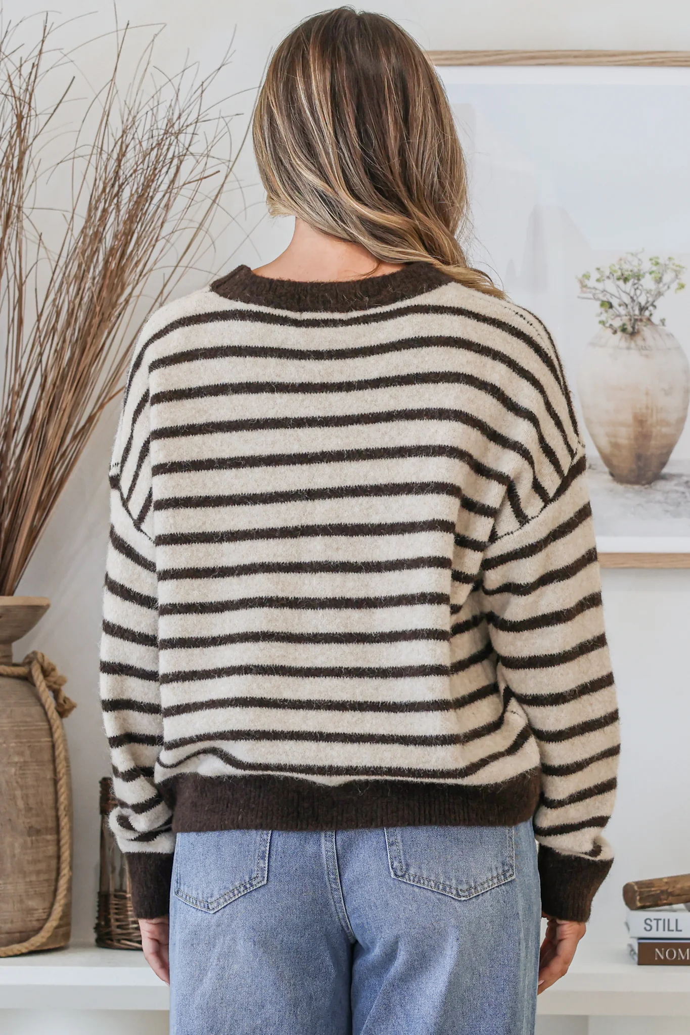 Hershey Jumper - Crew Neck Striped Ribbed Hem Knit in Cream/Chocolate - Image 6