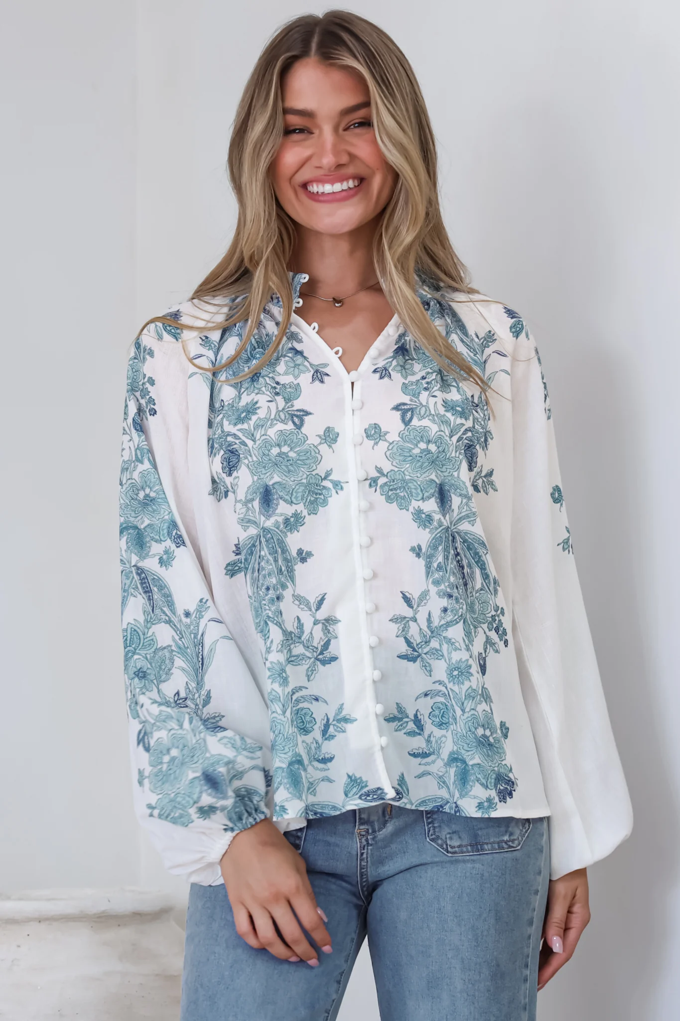 Hilary Blouse - Mandarin Collar Linen Button Down with Balloon Sleeves in Gemma Print Blue - Image 2