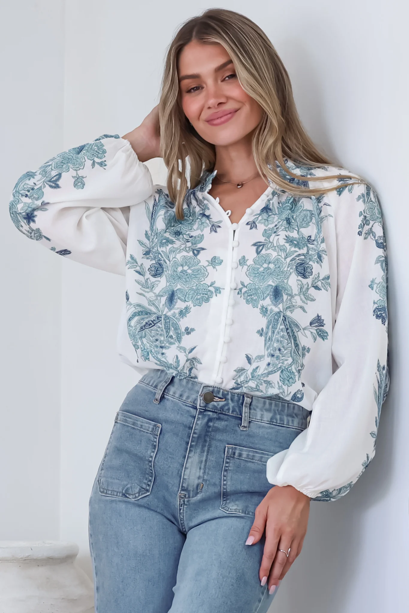Hilary Blouse - Mandarin Collar Linen Button Down with Balloon Sleeves in Gemma Print Blue - Image 3
