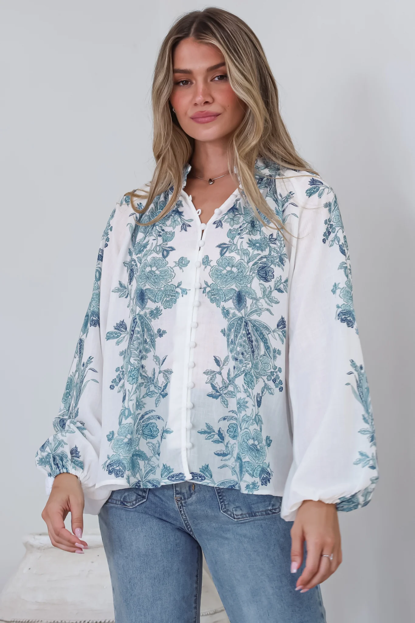 Hilary Blouse - Mandarin Collar Linen Button Down with Balloon Sleeves in Gemma Print Blue - Image 4