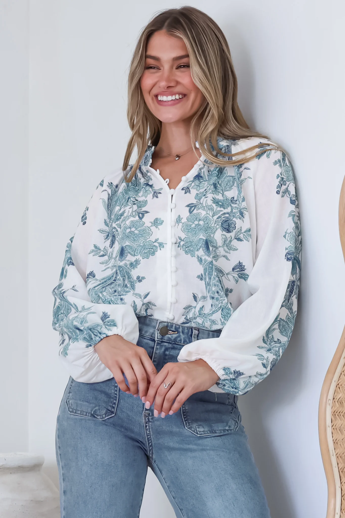 Hilary Blouse - Mandarin Collar Linen Button Down with Balloon Sleeves in Gemma Print Blue - Image 5