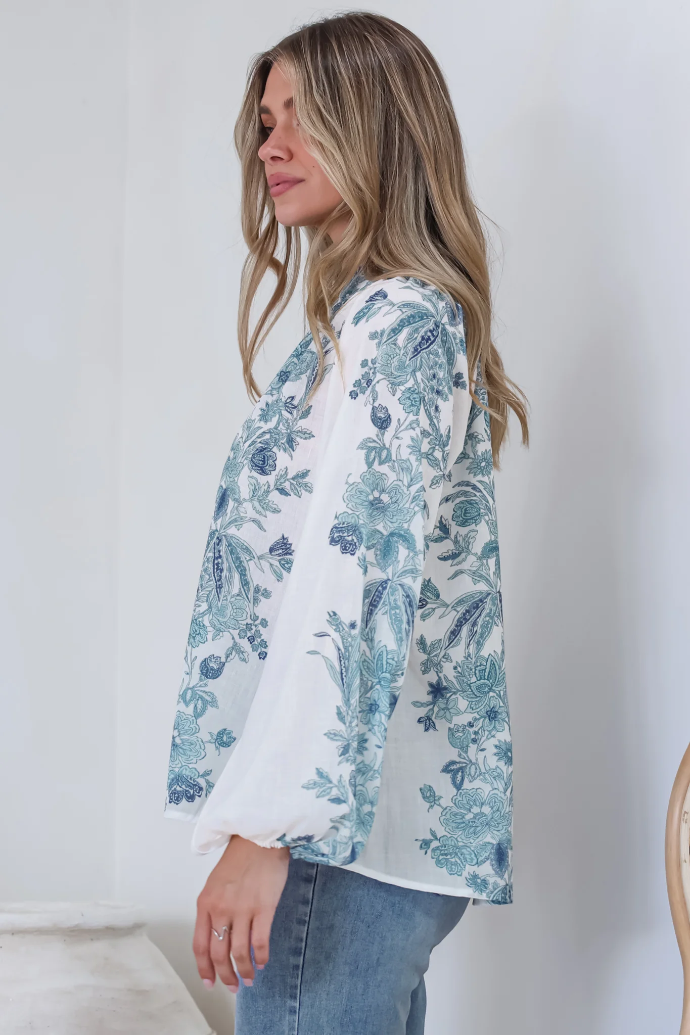 Hilary Blouse - Mandarin Collar Linen Button Down with Balloon Sleeves in Gemma Print Blue - Image 6