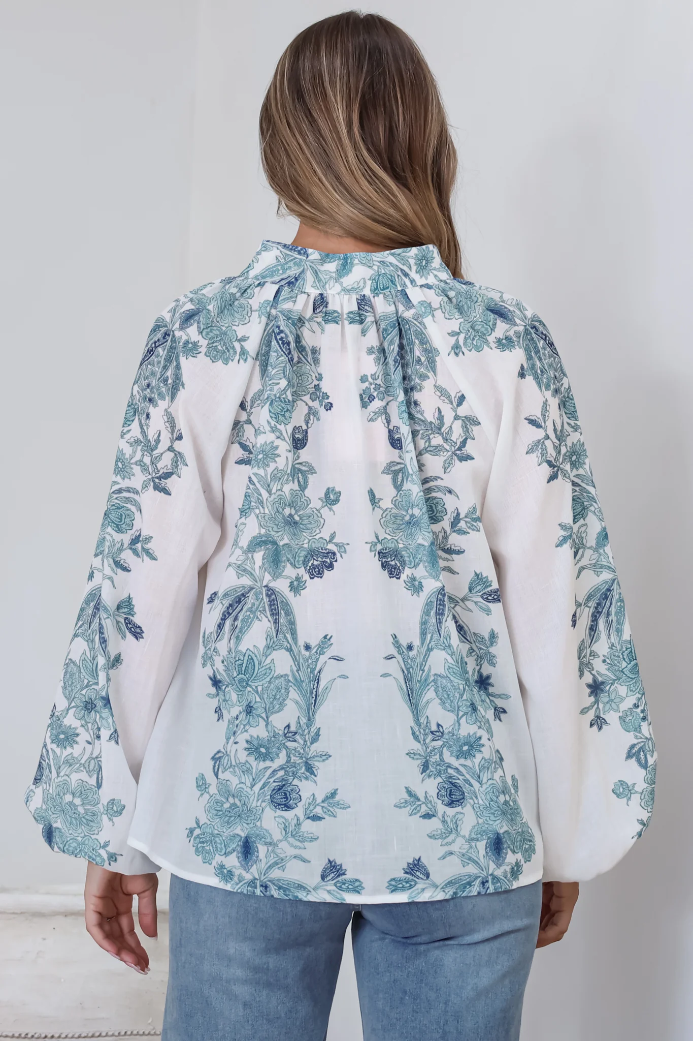 Hilary Blouse - Mandarin Collar Linen Button Down with Balloon Sleeves in Gemma Print Blue - Image 7