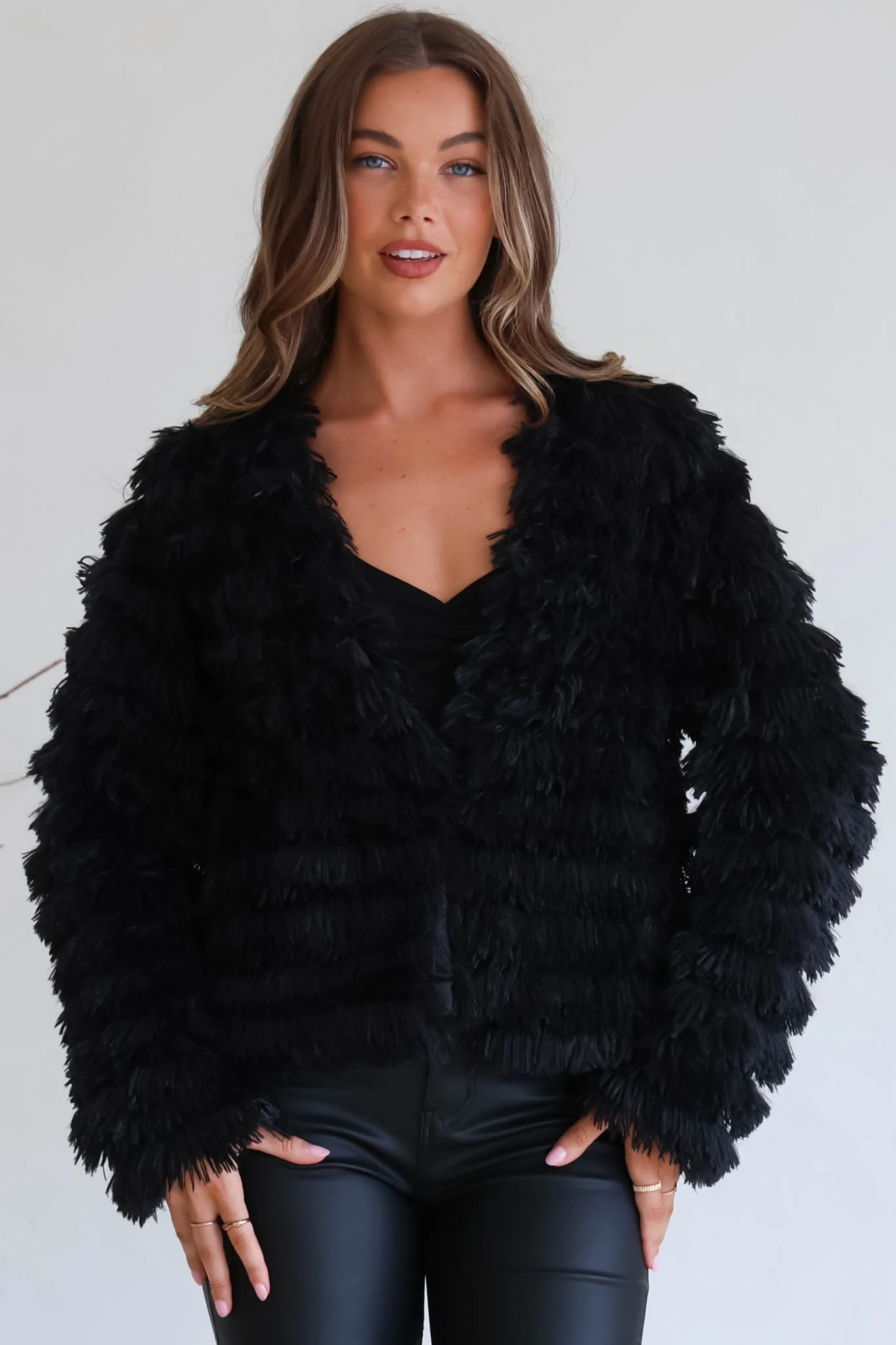 Hilton Jacket - Faux Fur Open Front Jacket in Black - Image 3