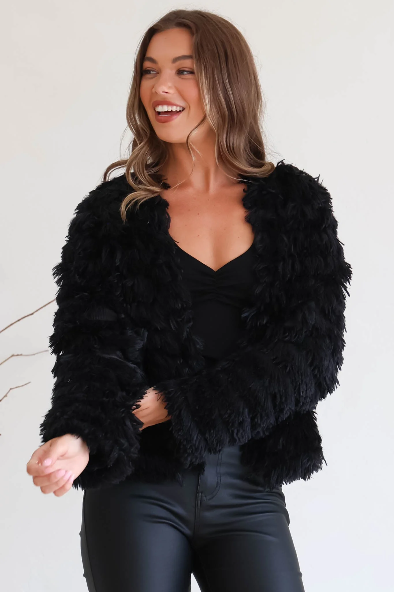 Hilton Jacket - Faux Fur Open Front Jacket in Black - Image 4