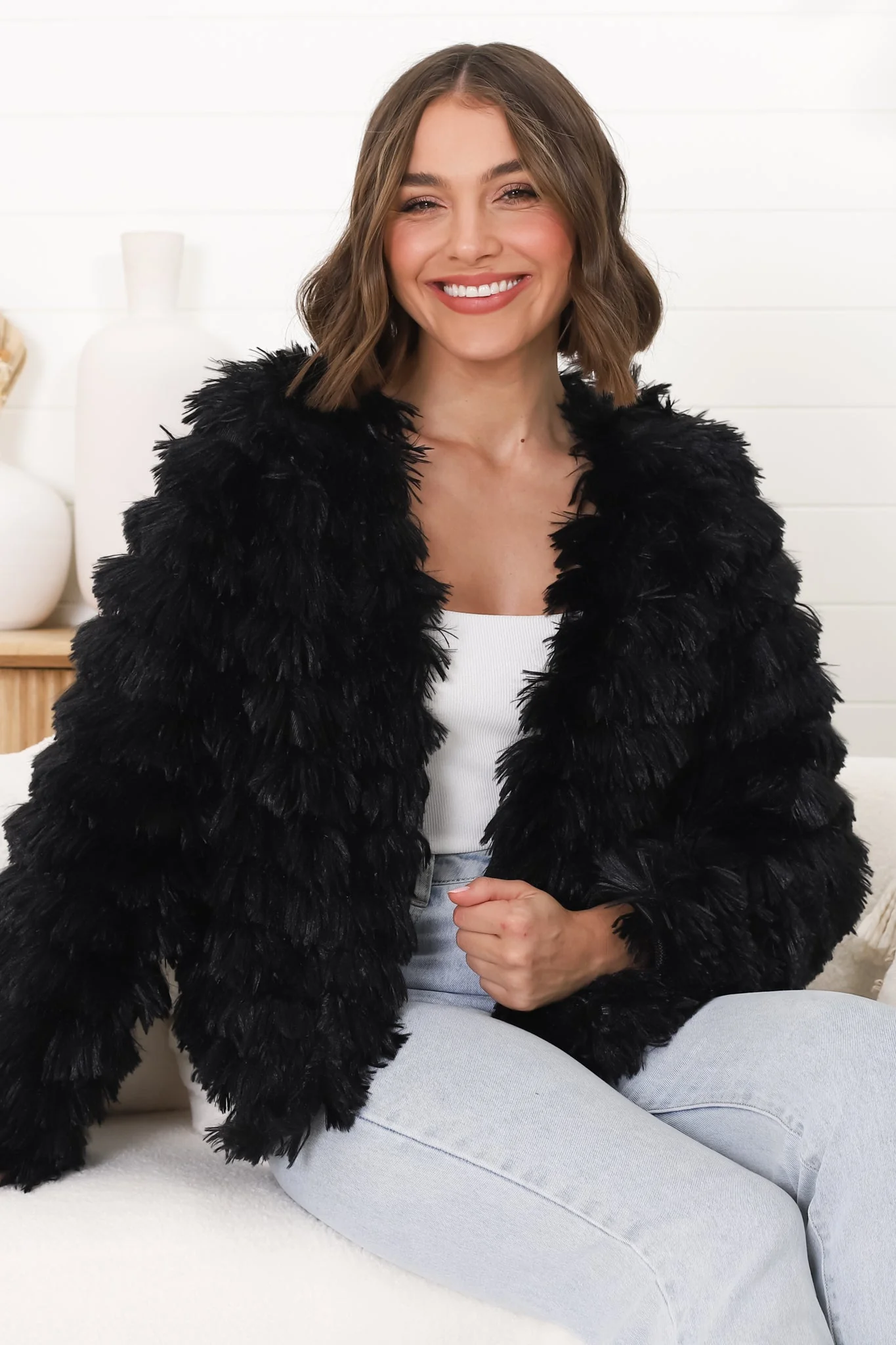 Hilton Jacket - Faux Fur Open Front Jacket in Black - Image 5