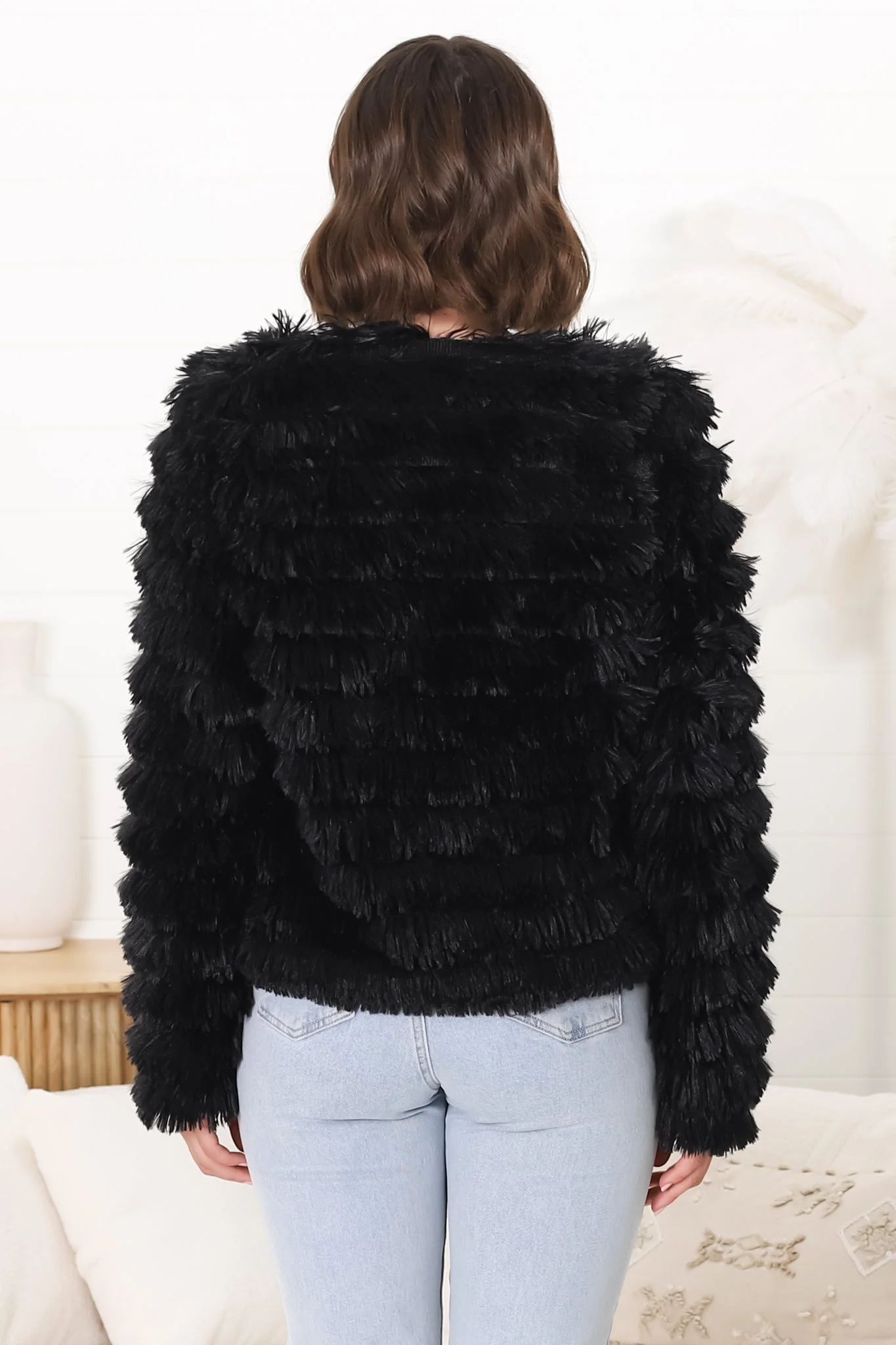 Hilton Jacket - Faux Fur Open Front Jacket in Black - Image 7
