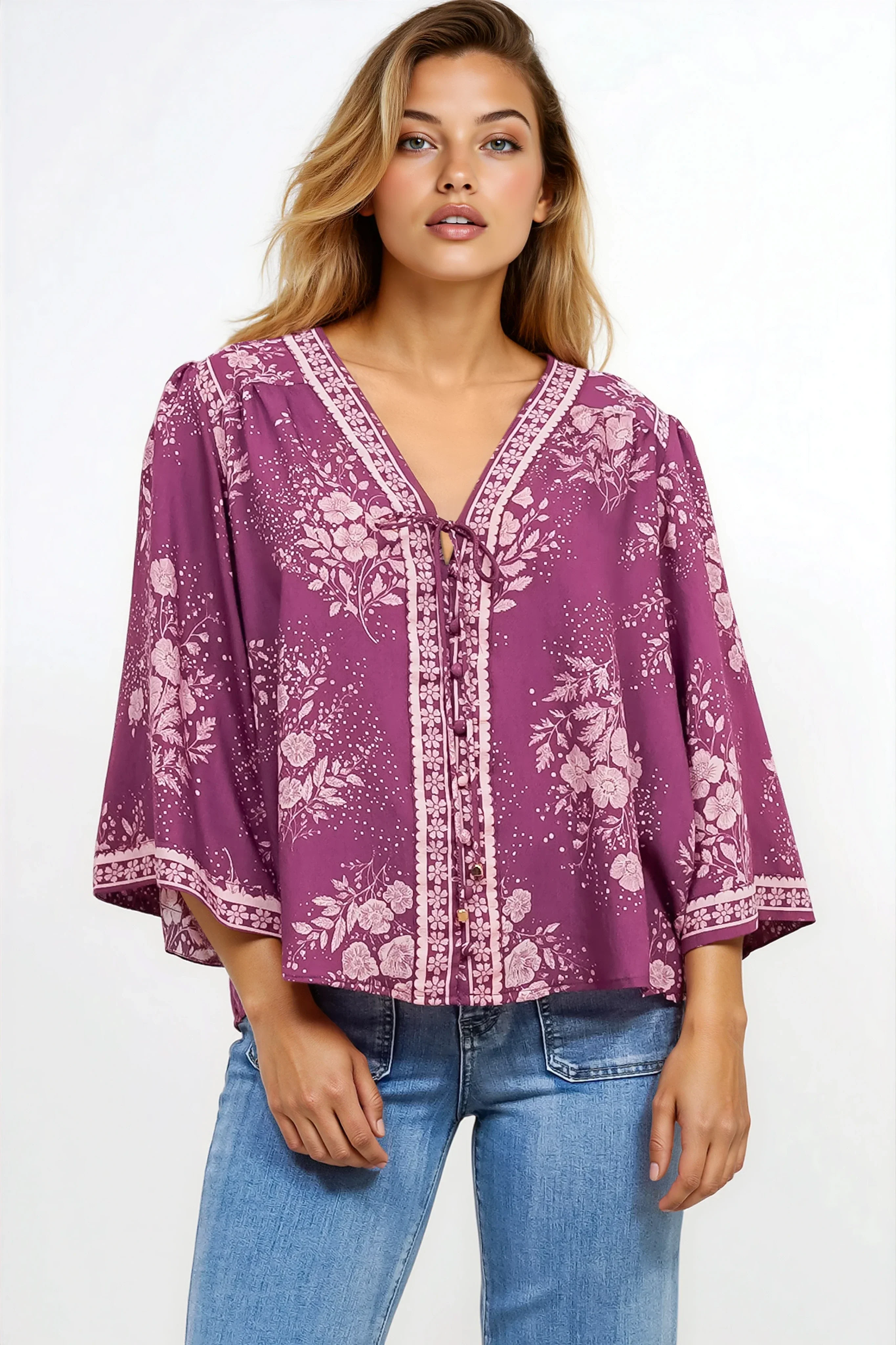 Hollie Blouse - Mandarin Collar Button Down in Briella Print Berry