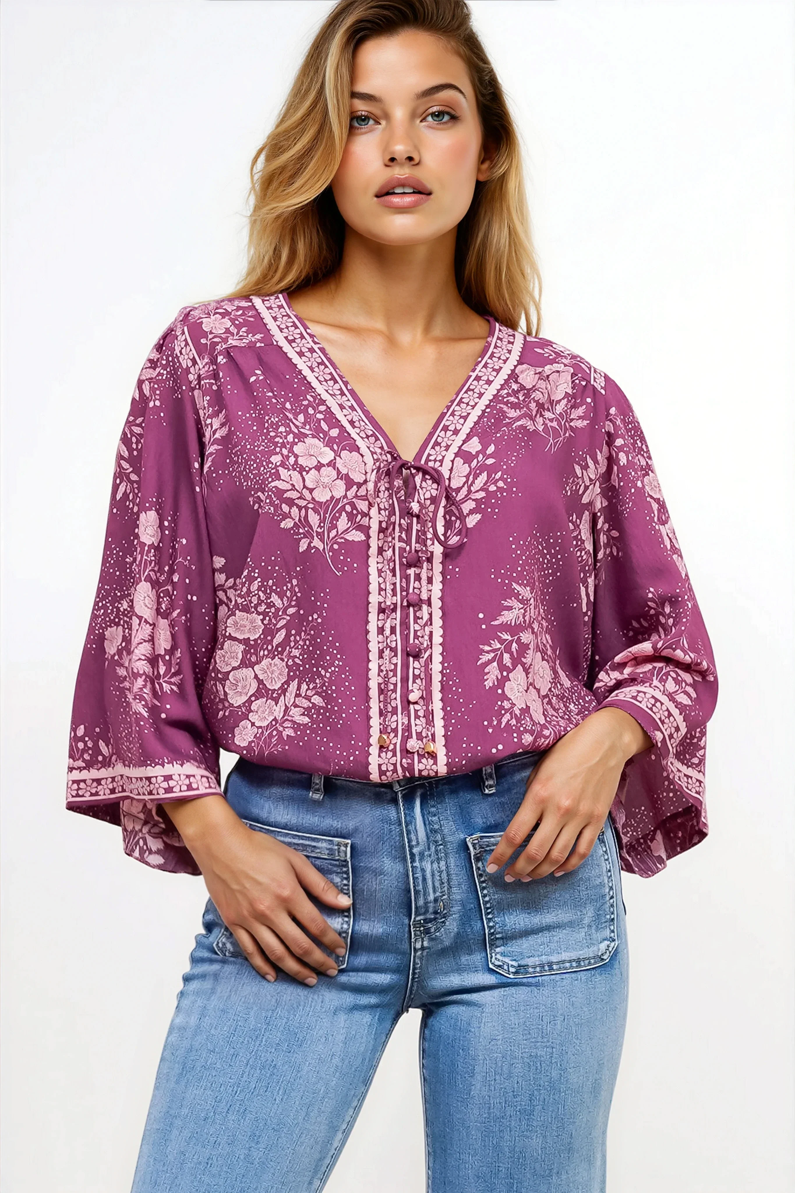 Hollie Blouse - Mandarin Collar Button Down in Briella Print Berry - Image 2