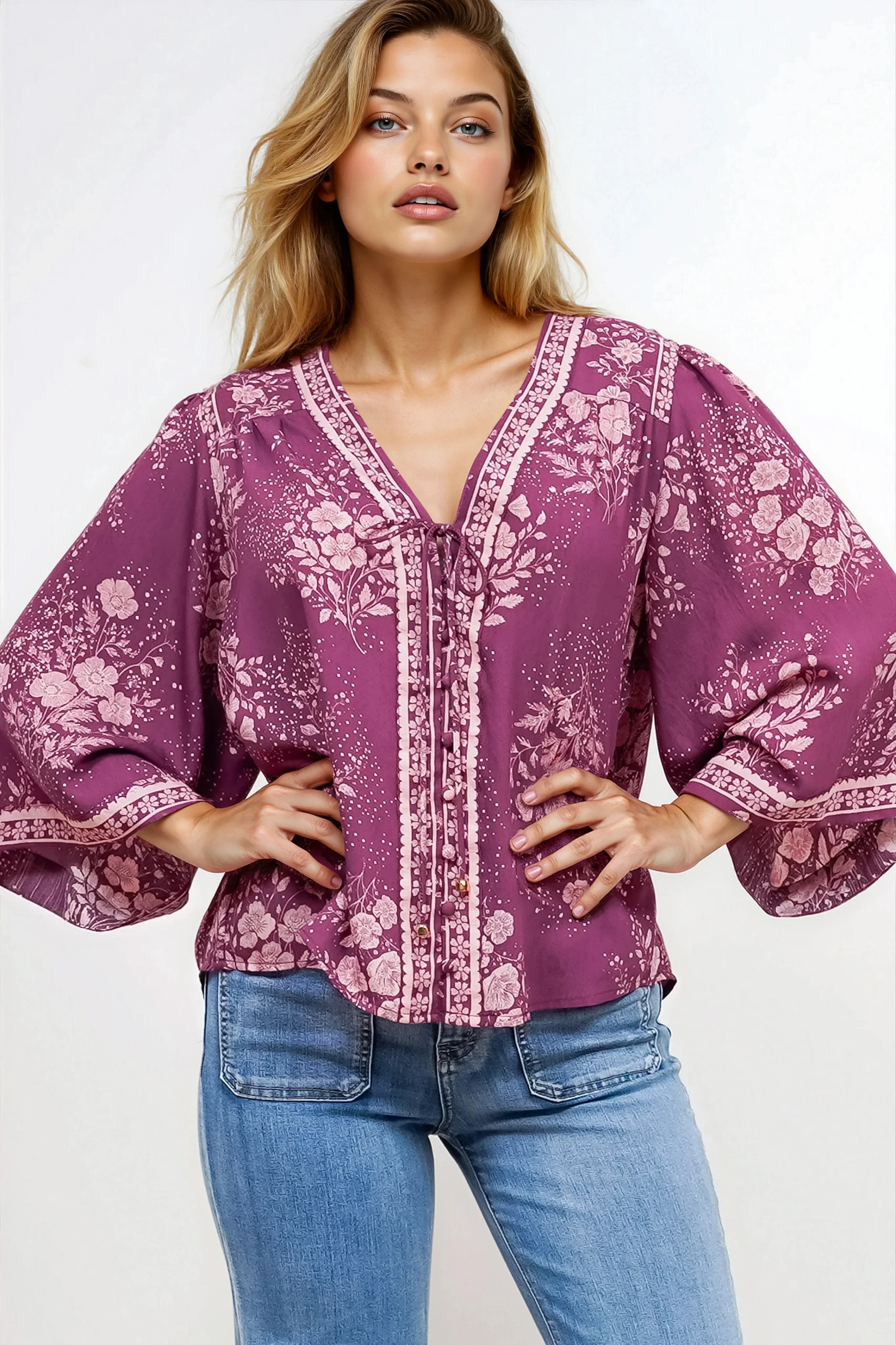 Hollie Blouse - Mandarin Collar Button Down in Briella Print Berry - Image 3