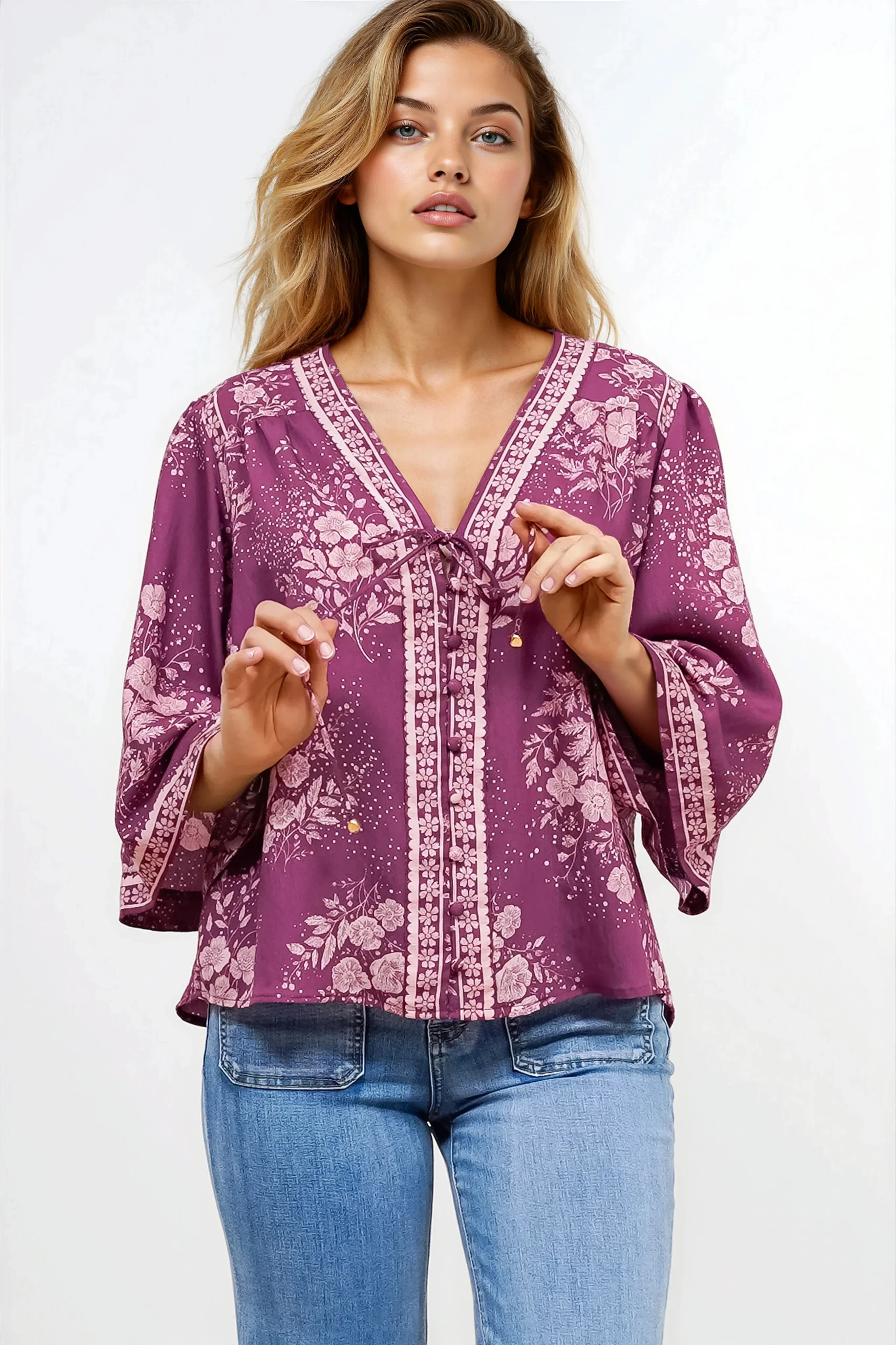 Hollie Blouse - Mandarin Collar Button Down in Briella Print Berry - Image 4