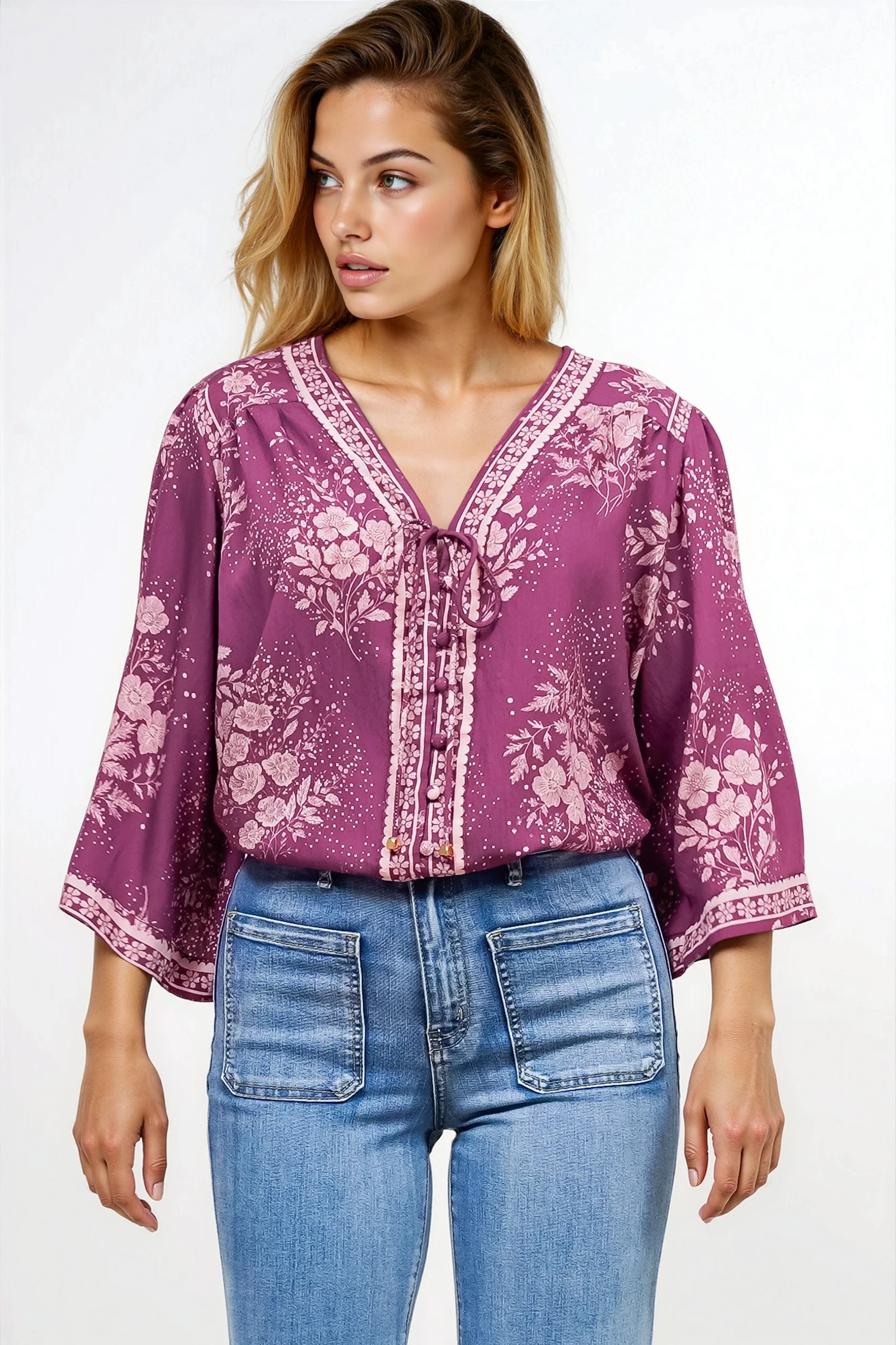 Hollie Blouse - Mandarin Collar Button Down in Briella Print Berry - Image 5