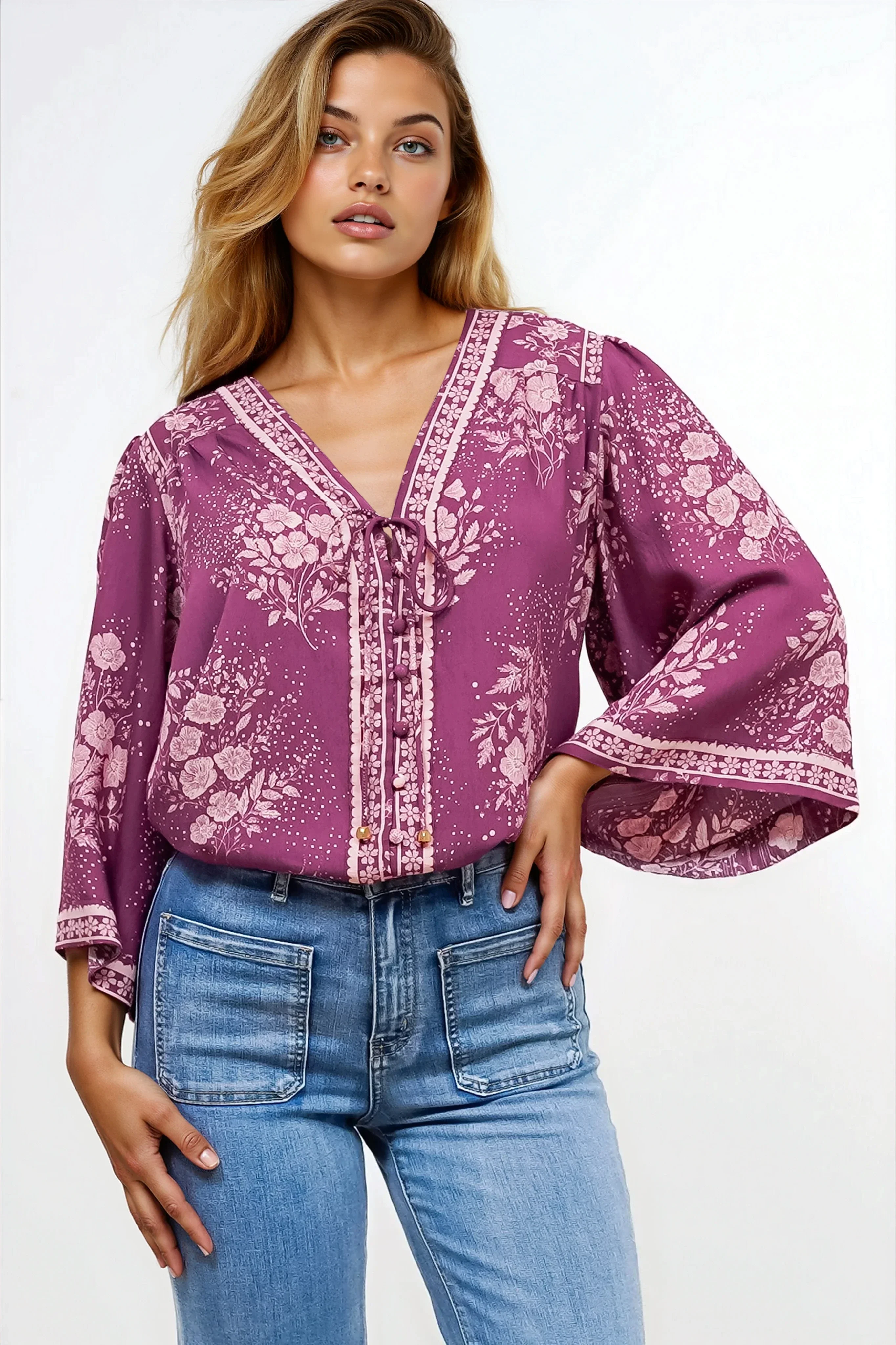 Hollie Blouse - Mandarin Collar Button Down in Briella Print Berry - Image 6