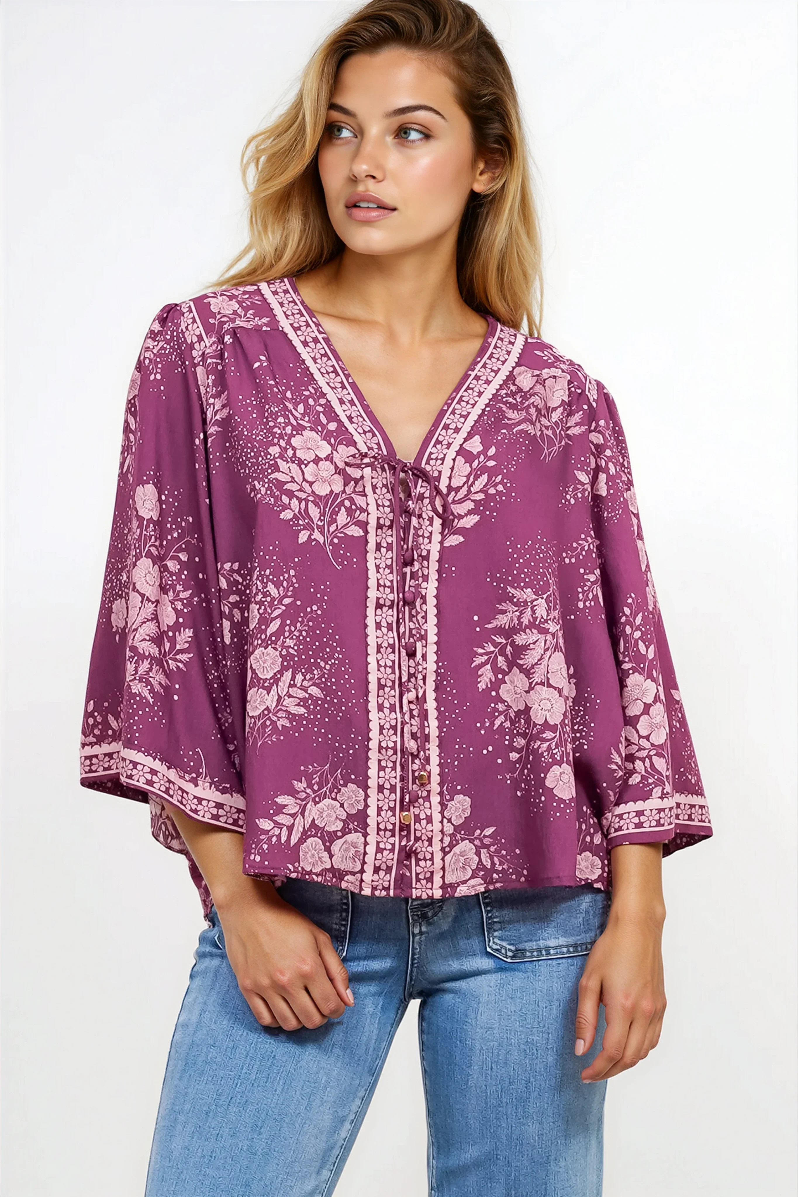 Hollie Blouse - Mandarin Collar Button Down in Briella Print Berry - Image 7