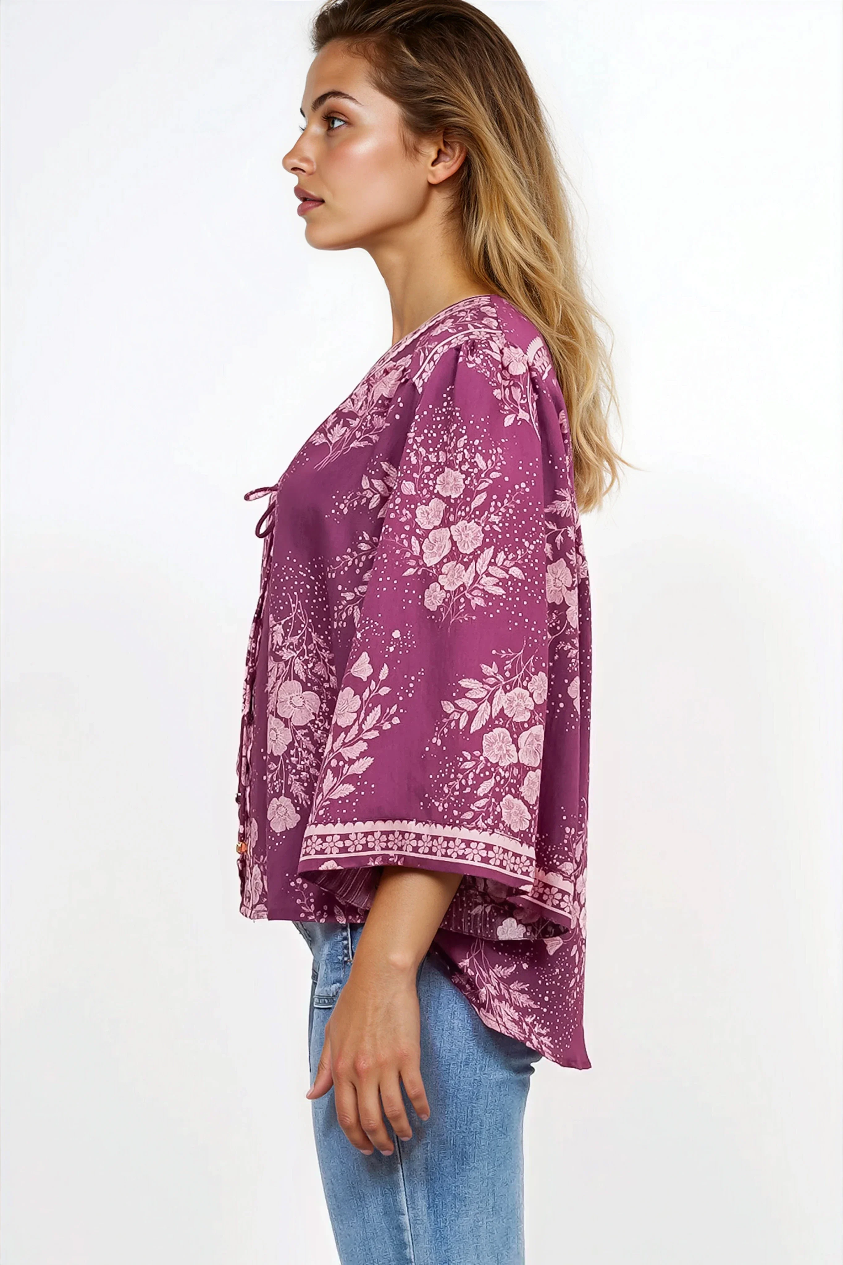 Hollie Blouse - Mandarin Collar Button Down in Briella Print Berry - Image 8
