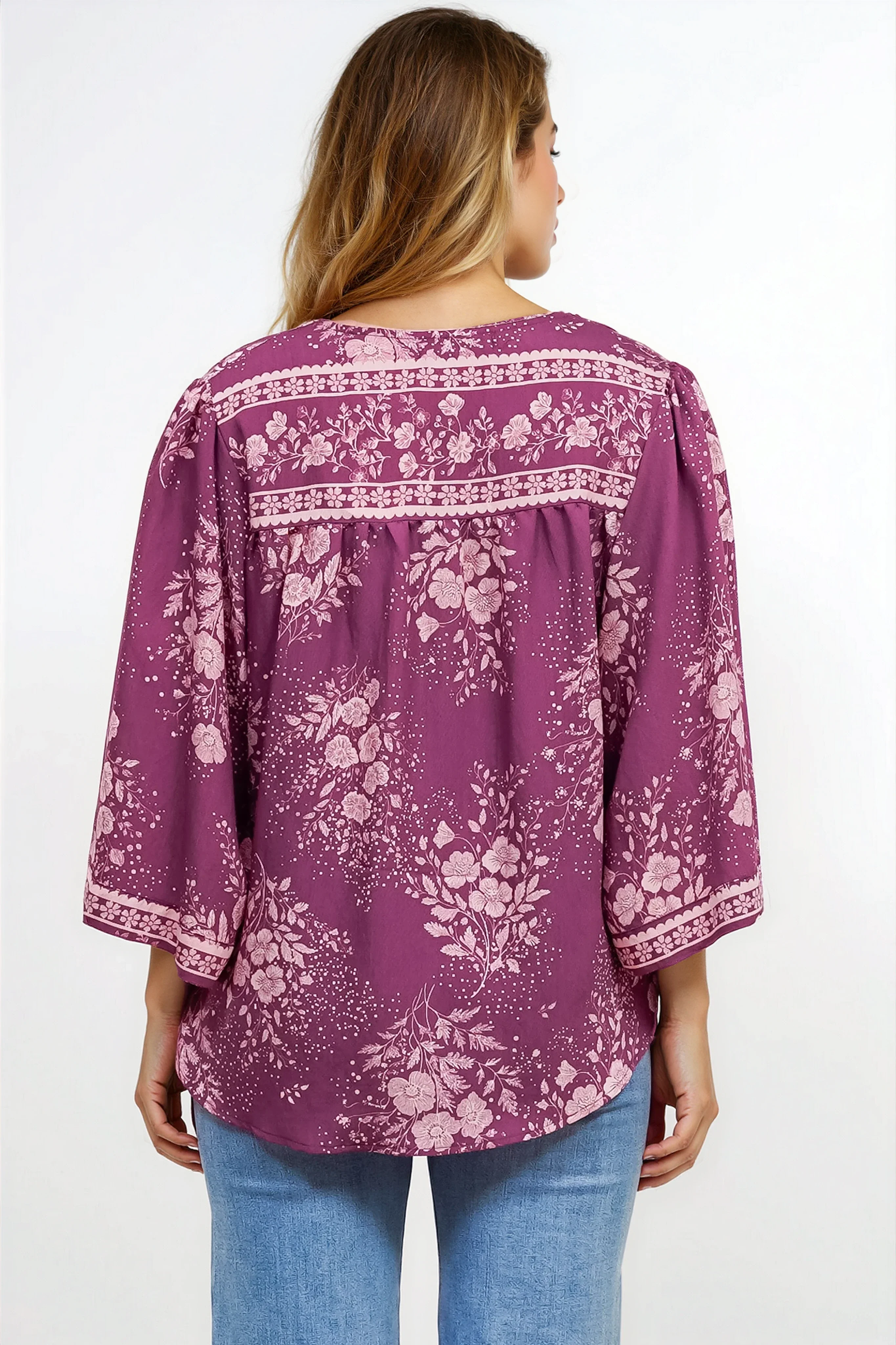 Hollie Blouse - Mandarin Collar Button Down in Briella Print Berry - Image 9