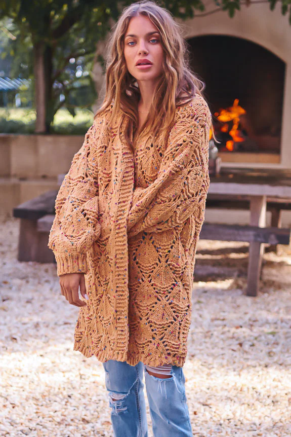 JAASE - Honour Cardigan: Rainbow Speck Open Knit Cardigan in Mustard - Image 4